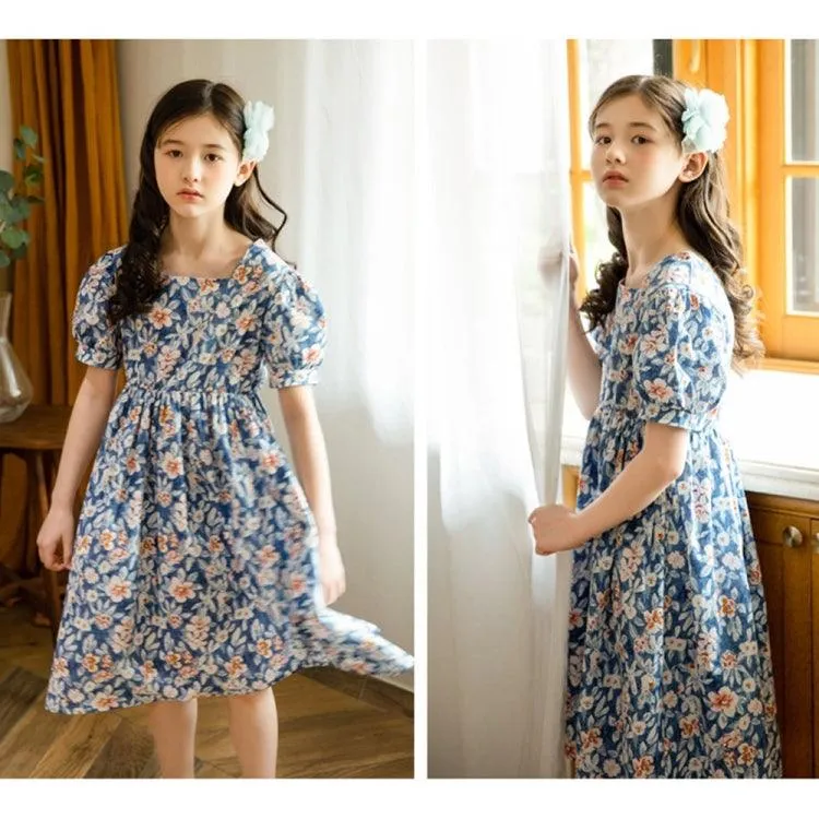 Floral Puff Sleeve Dress for Girls - Blue (Size: 160cm)