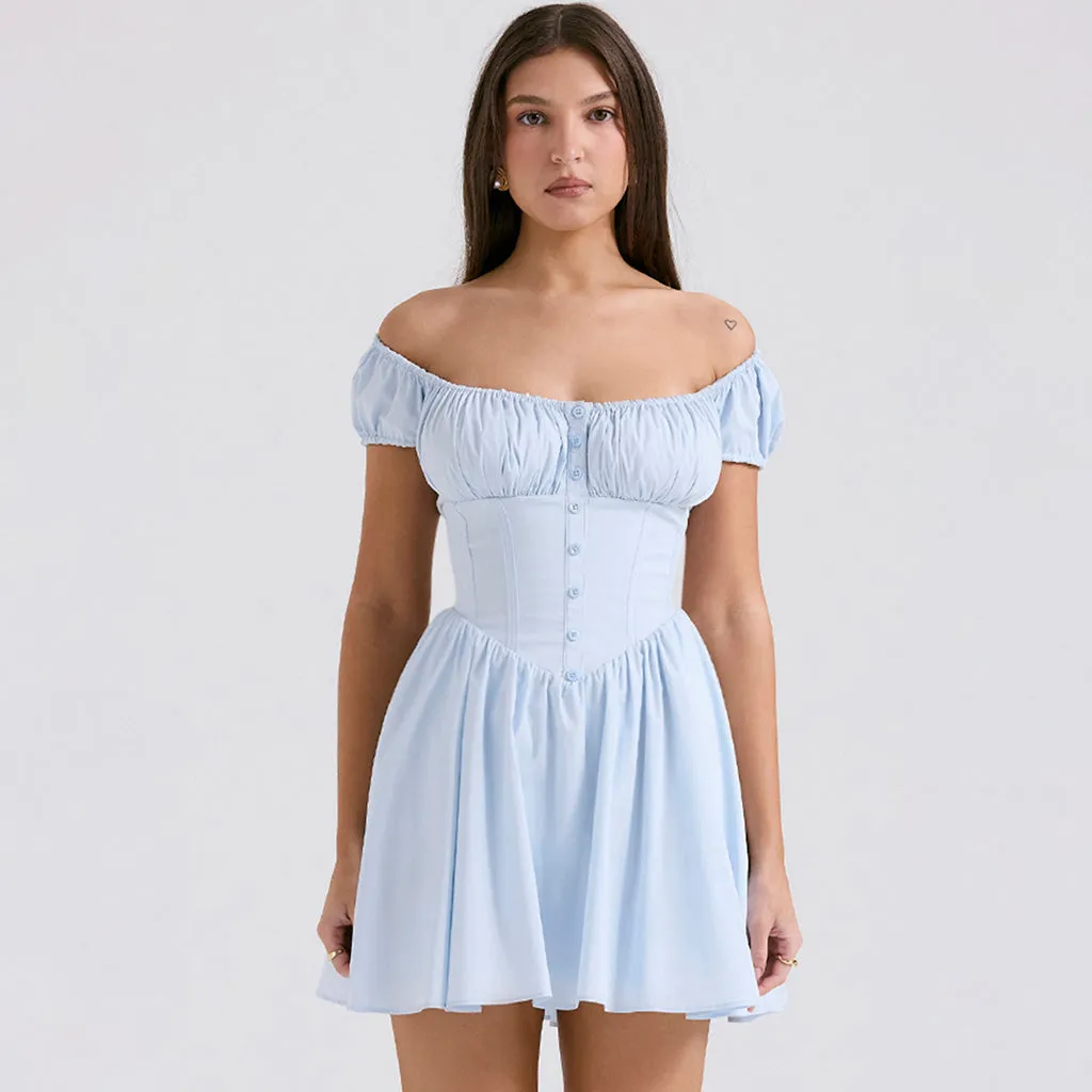 French Style Square Neck Short Sleeve Corset Drop Waist Mini Party Dress