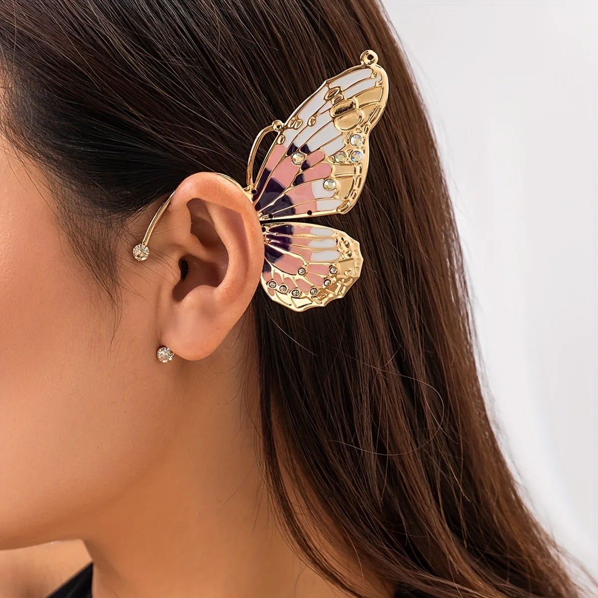 Gorgeous Big Butterfly Wing Ear Wrap with Sparkling Rhinestones - Retro Cute Style Zinc Alloy Jewelry for the Stage