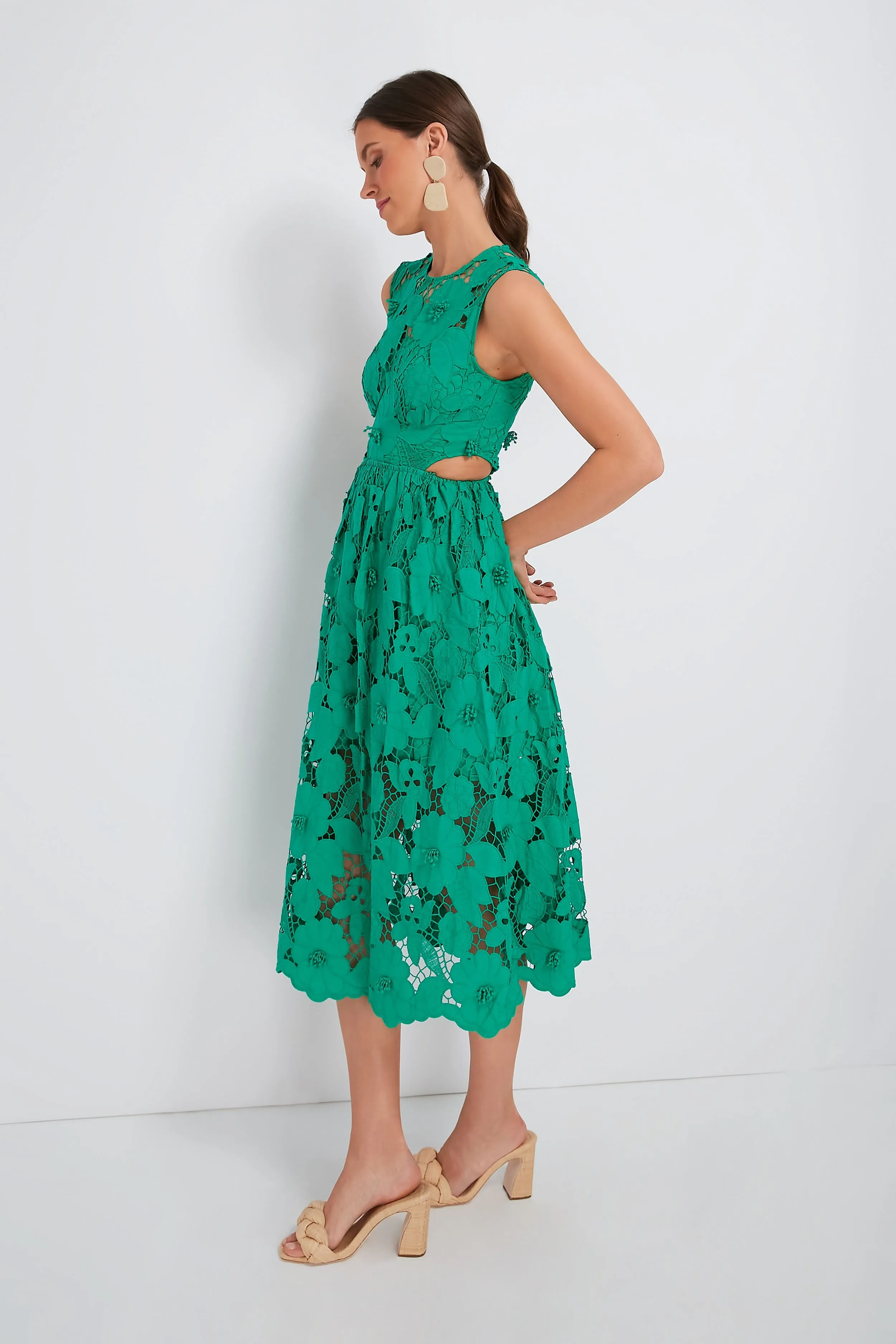 Green 3D Cotton Lace Midi Dress