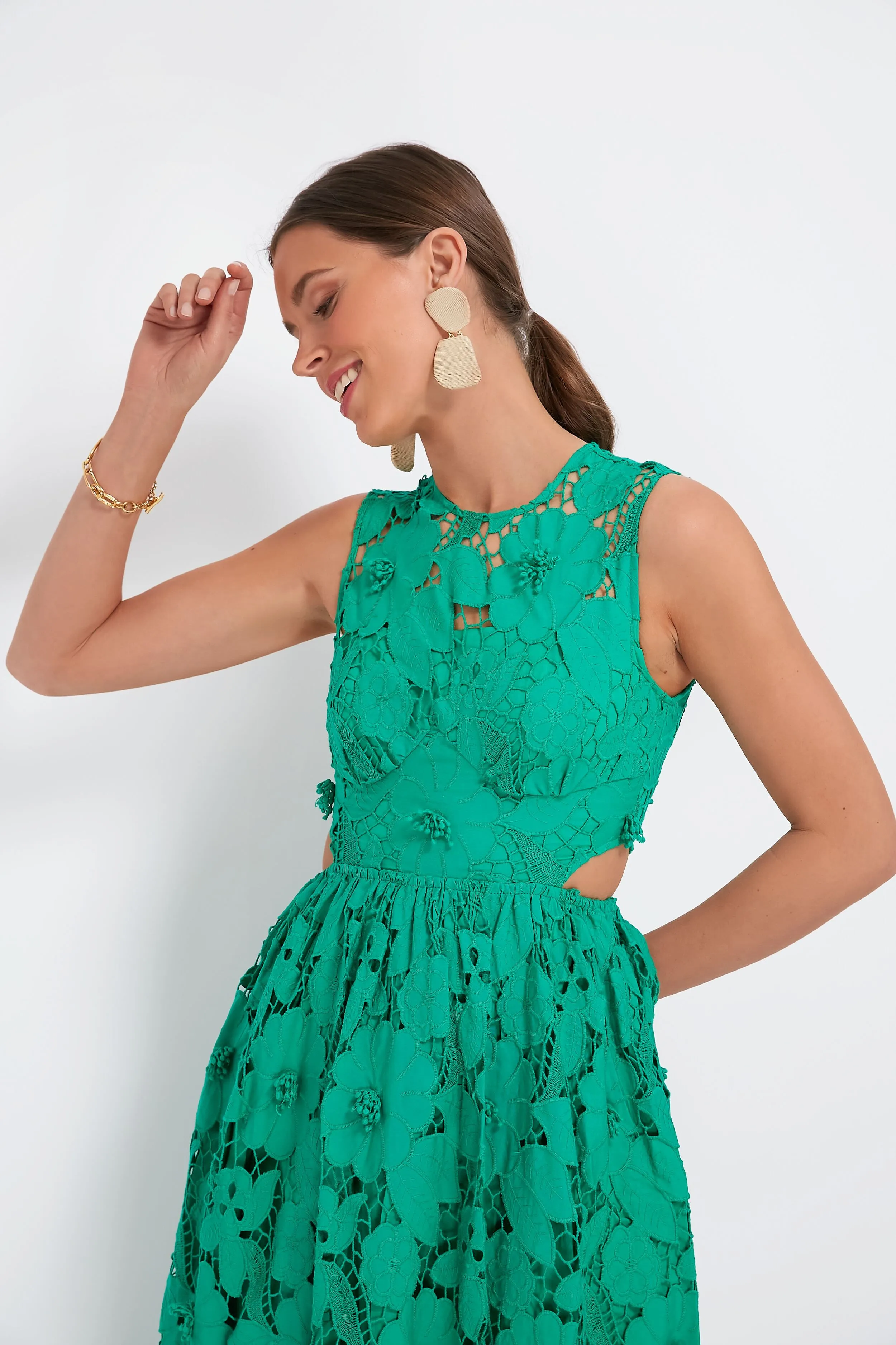 Green 3D Cotton Lace Midi Dress