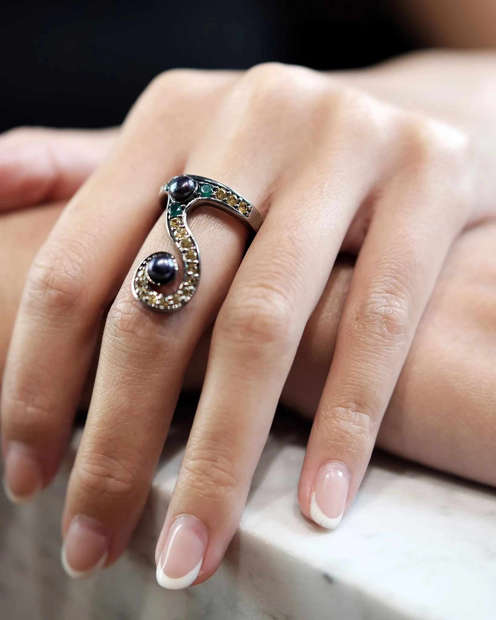 Green Agate & Yellow Sapphire Swirl Stack Ring with Black Pearls