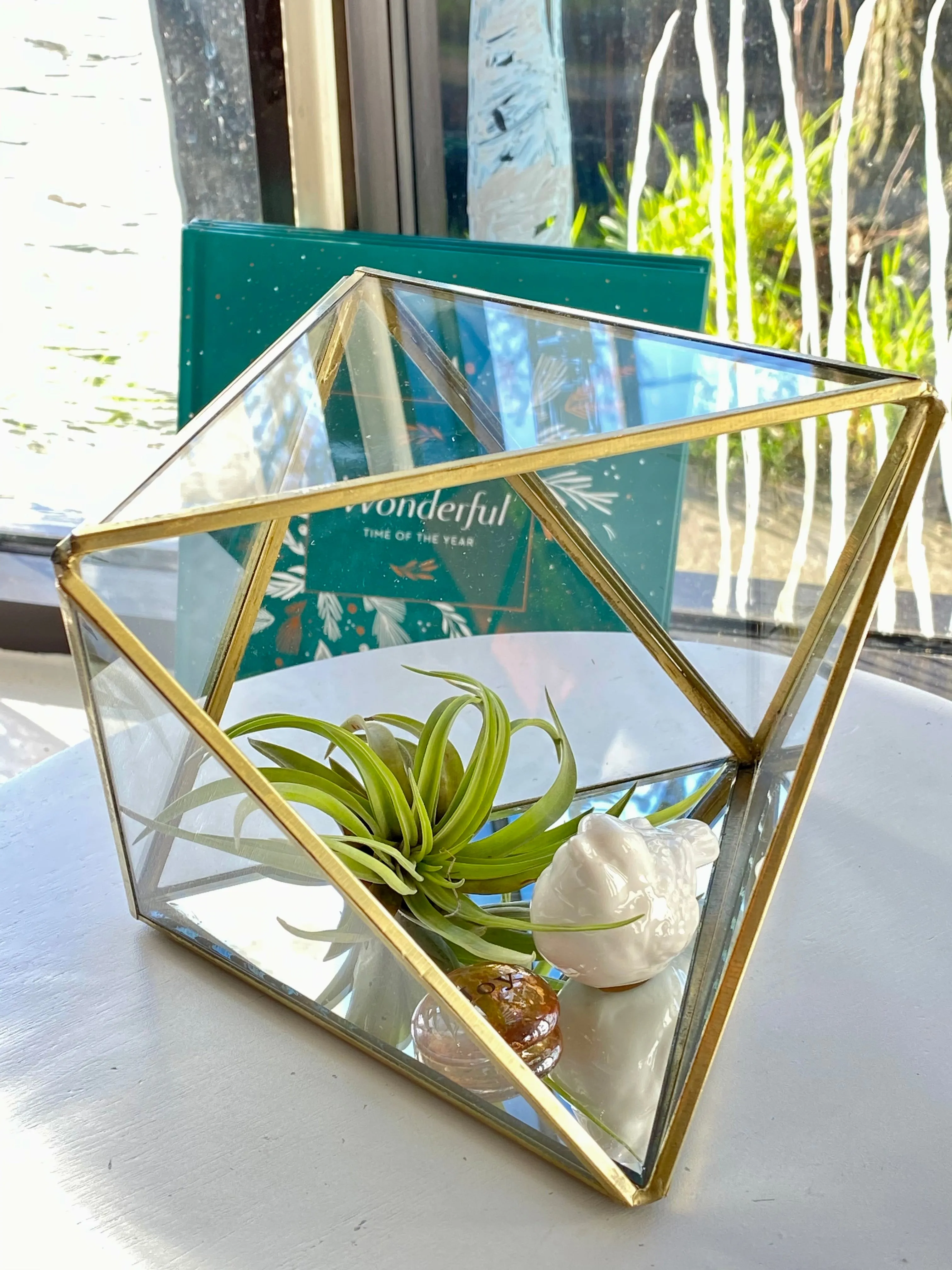 Heptahedron Gold Metal Geometric Glass Terrarium, Multipurpose Air Plants Holder