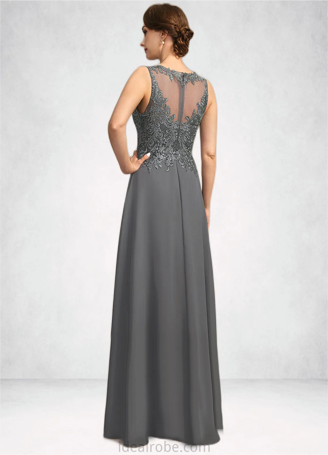 Janet A-line Scoop Illusion Floor-Length Chiffon Lace Mother of the Bride Dress With Sequins STKP0021921