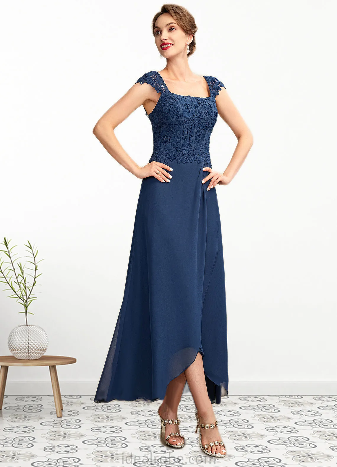 Jayla A-Line Square Neckline Asymmetrical Chiffon Lace Mother of the Bride Dress STK126P0015034