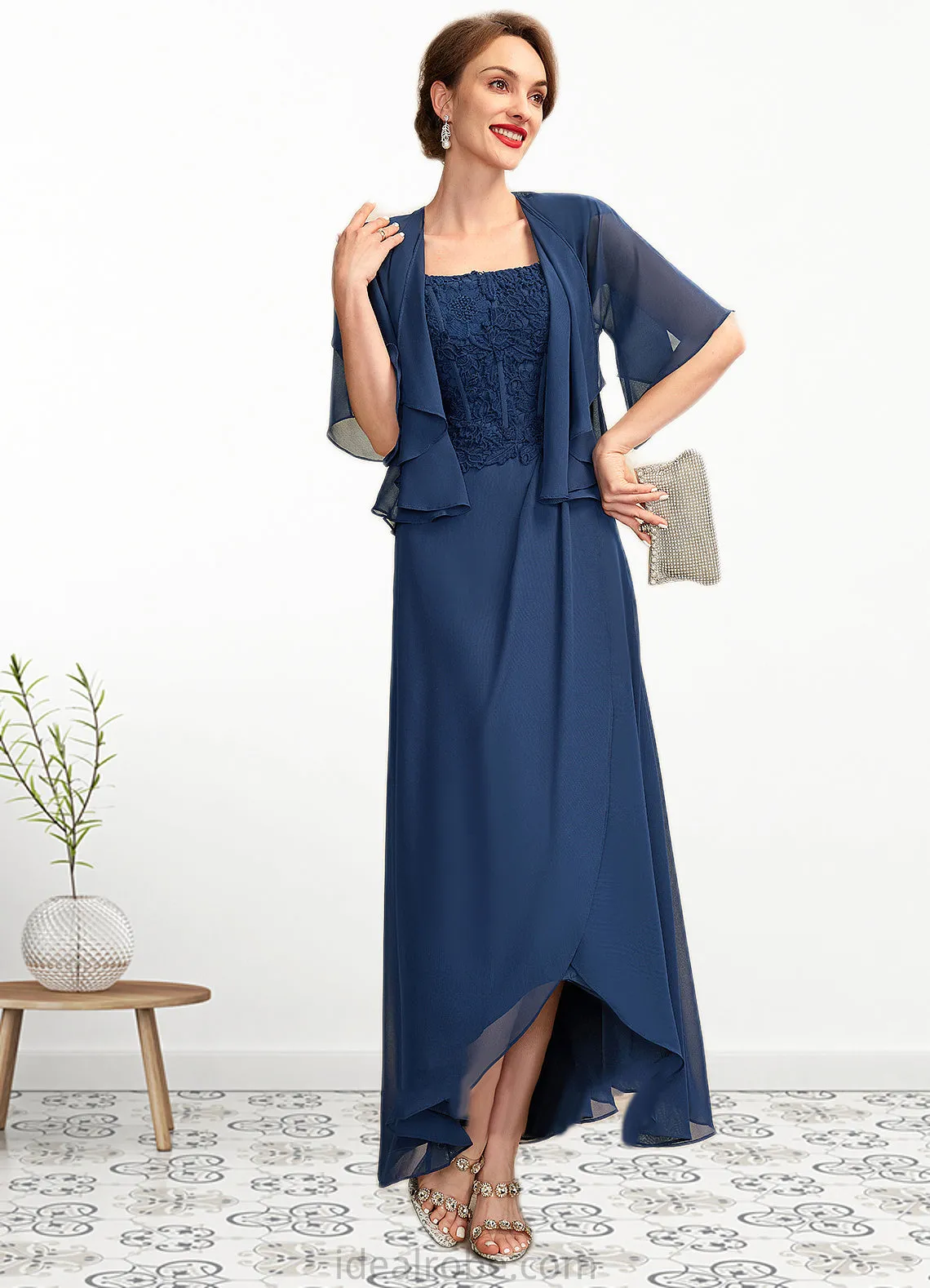 Jayla A-Line Square Neckline Asymmetrical Chiffon Lace Mother of the Bride Dress STK126P0015034