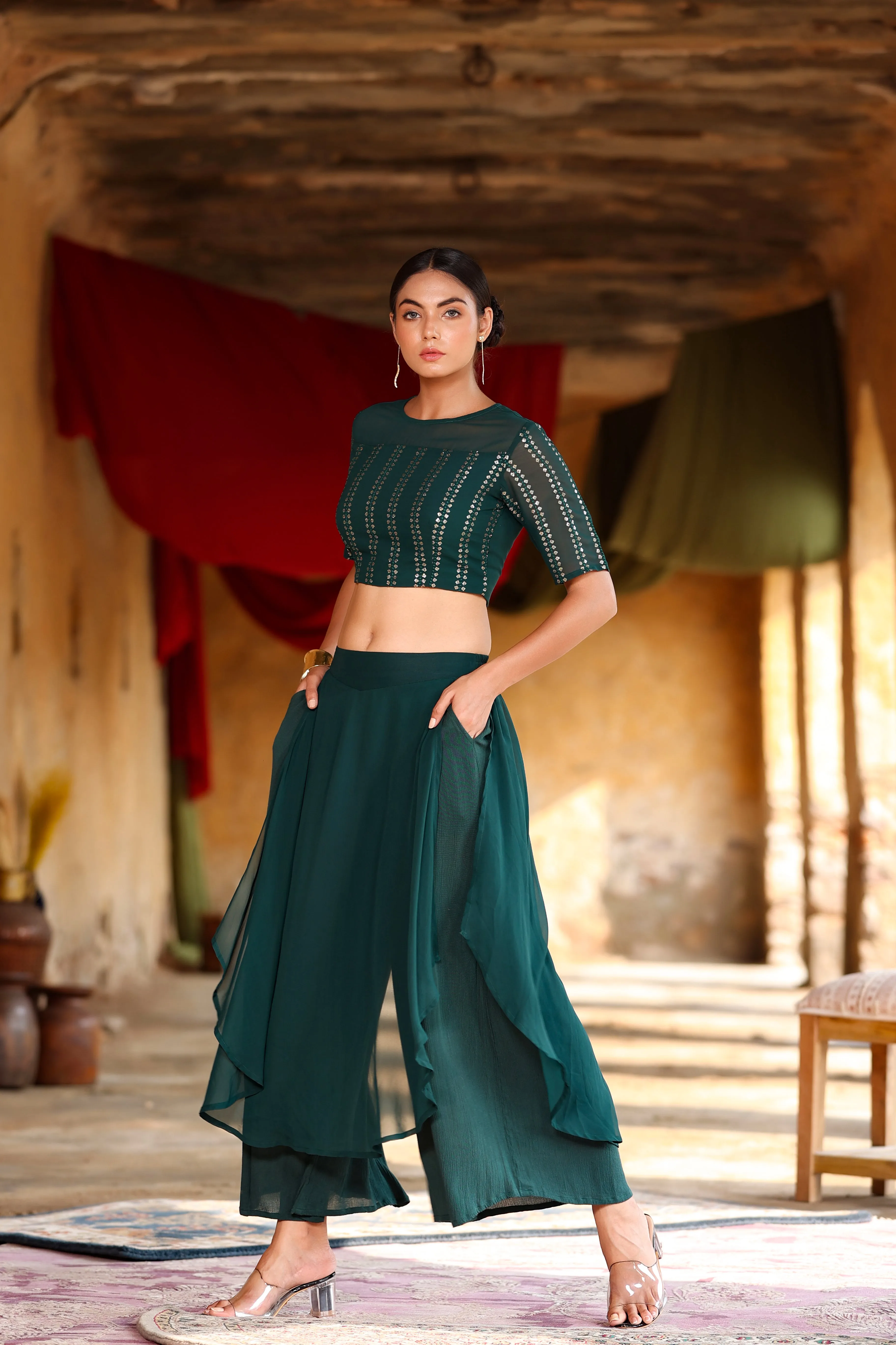 Juniper Emerald Green Georgette Co-Ord Set With Thread & Sequins Embroidery