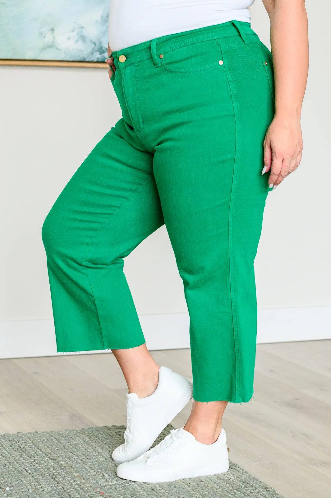 Lisa High Rise Control Top Wide Leg Crop Jeans by Judy Blue - Kelly Green