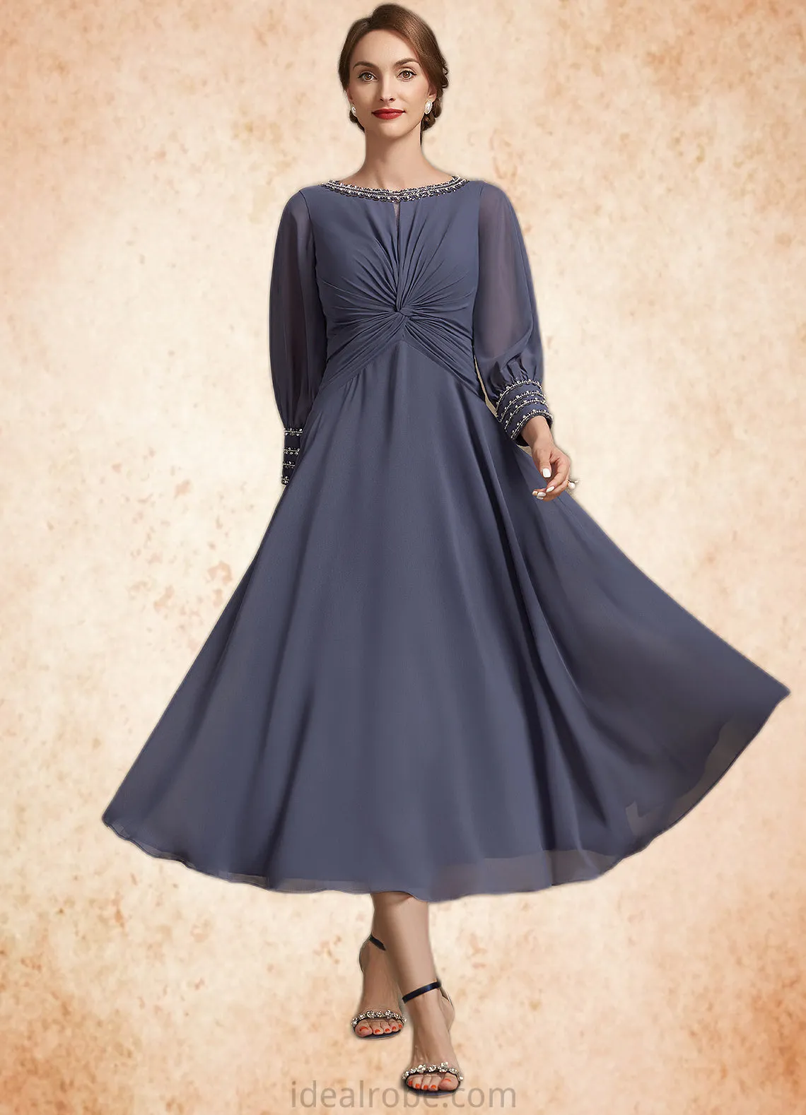 Maya A-Line Scoop Neck Tea-Length Chiffon Mother of the Bride Dress With Ruffle Beading STK126P0014718