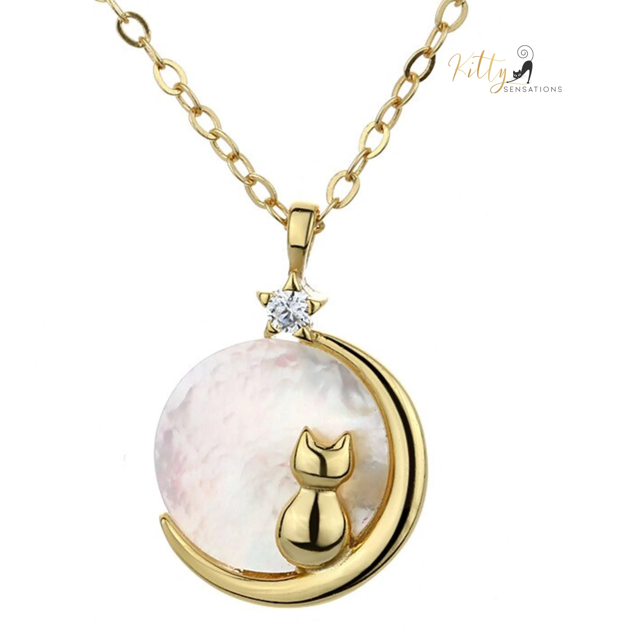 Mother-of-Pearl Moon Kitty Necklace in Solid 925 Sterling Silver (Platinum or Gold Plated)