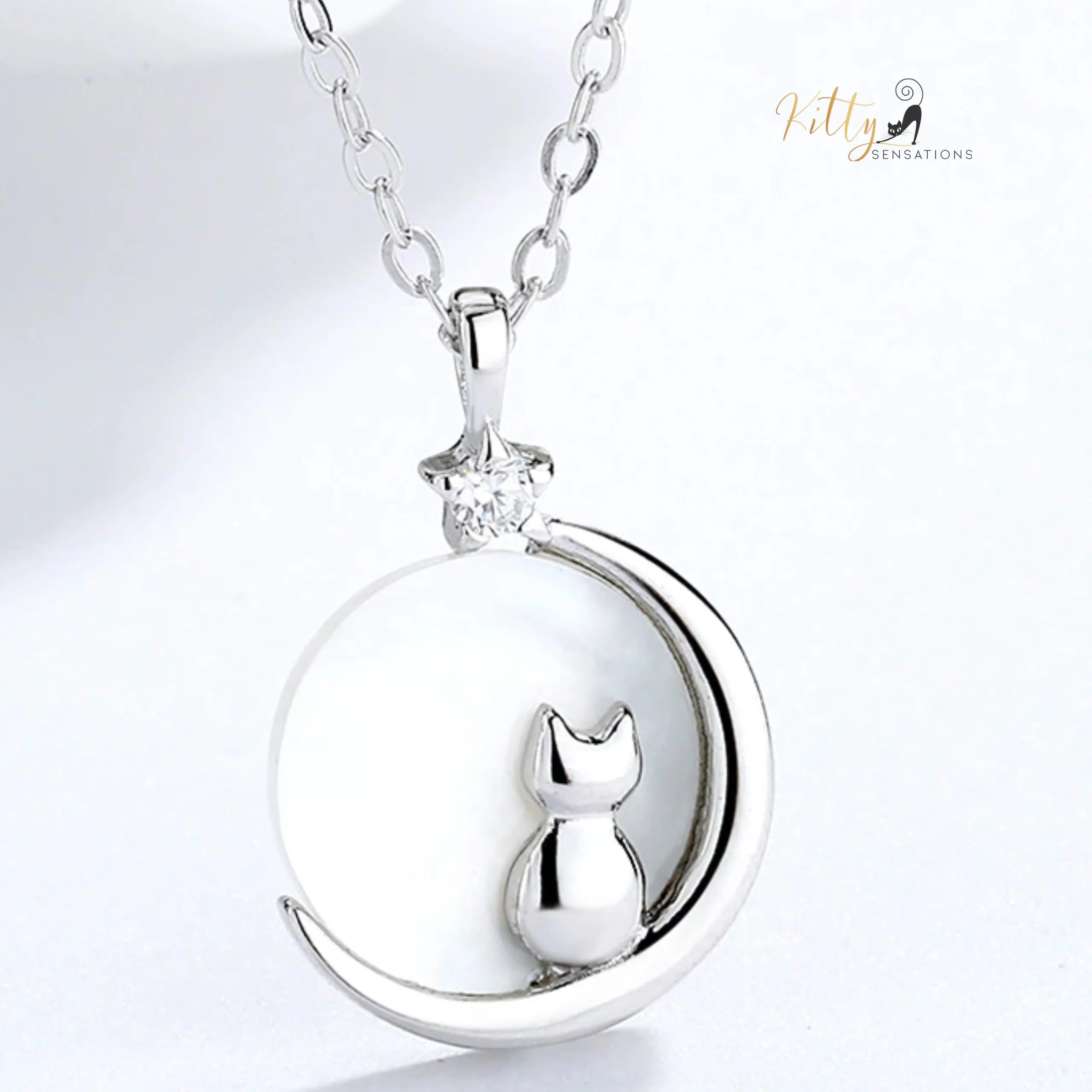 Mother-of-Pearl Moon Kitty Necklace in Solid 925 Sterling Silver (Platinum or Gold Plated)