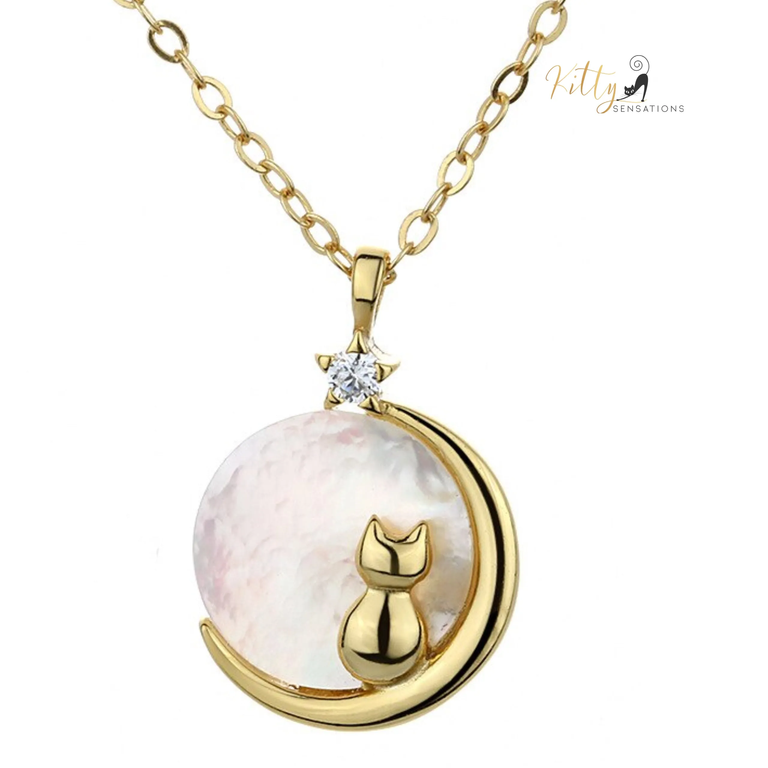 Mother-of-Pearl Moon Kitty Necklace in Solid 925 Sterling Silver (Platinum or Gold Plated)