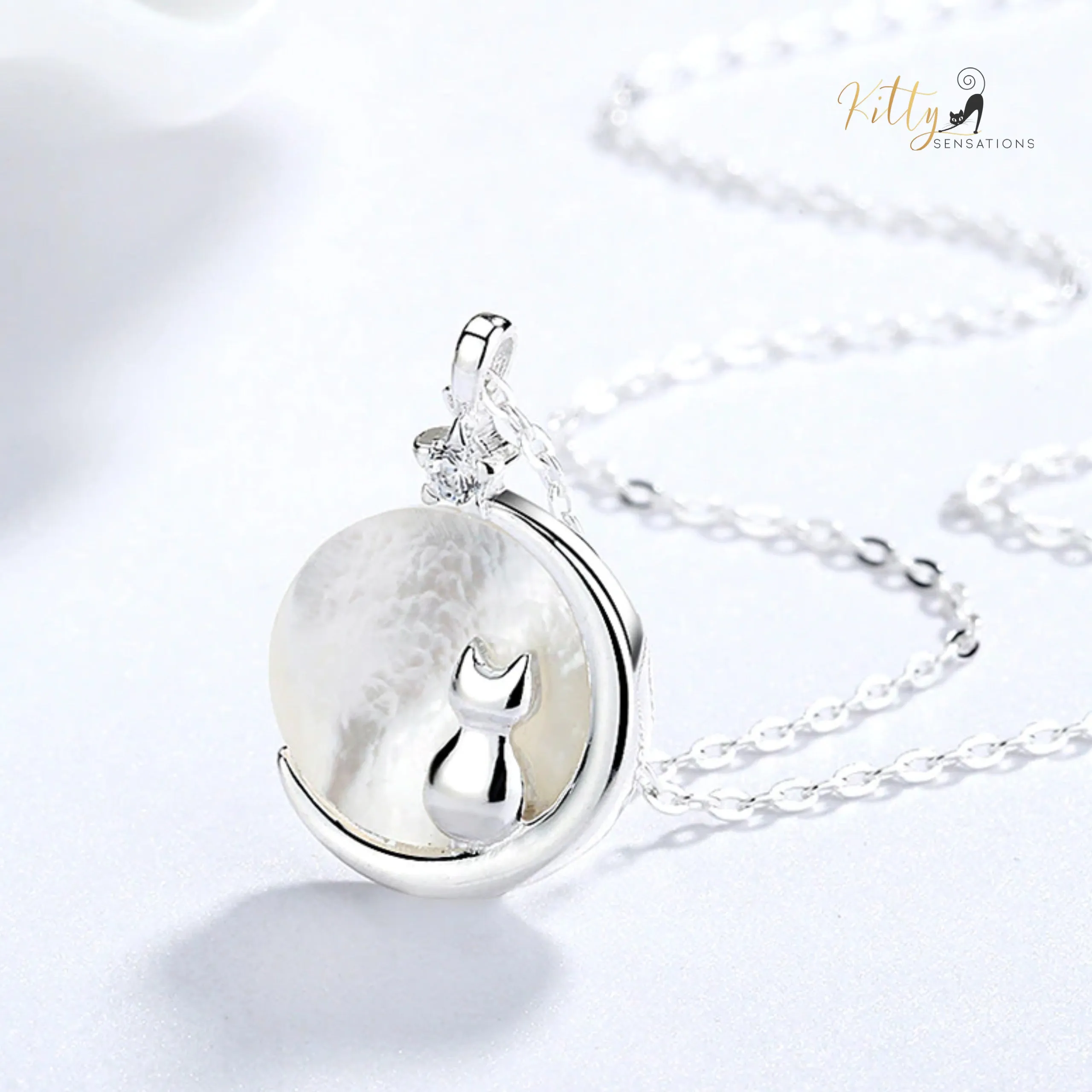 Mother-of-Pearl Moon Kitty Necklace in Solid 925 Sterling Silver (Platinum or Gold Plated)