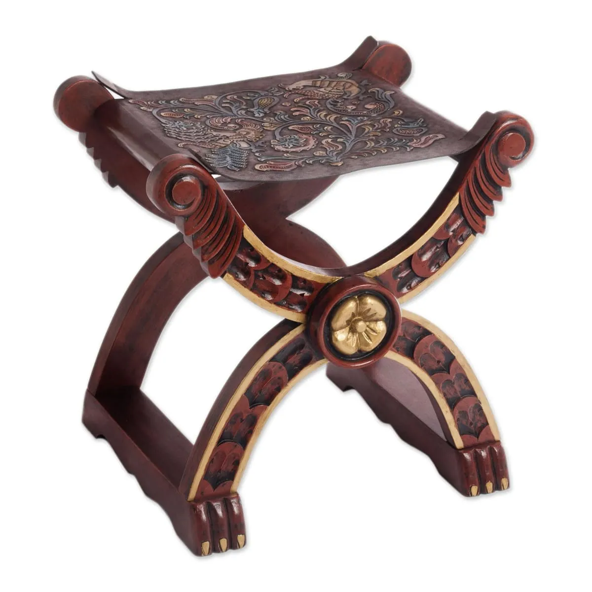 Novica Baroque Peru Tooled Leather And Wood Stool