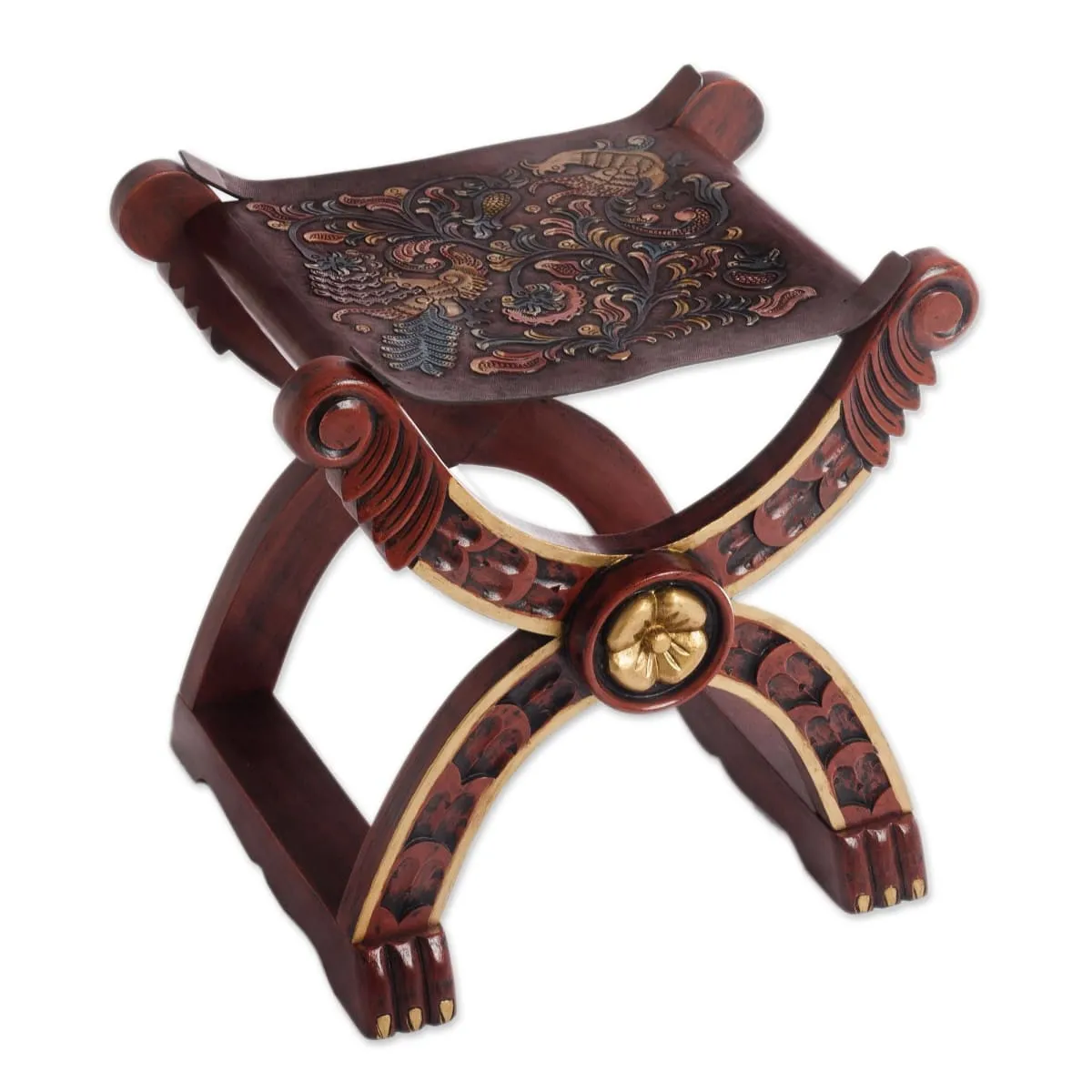 Novica Baroque Peru Tooled Leather And Wood Stool