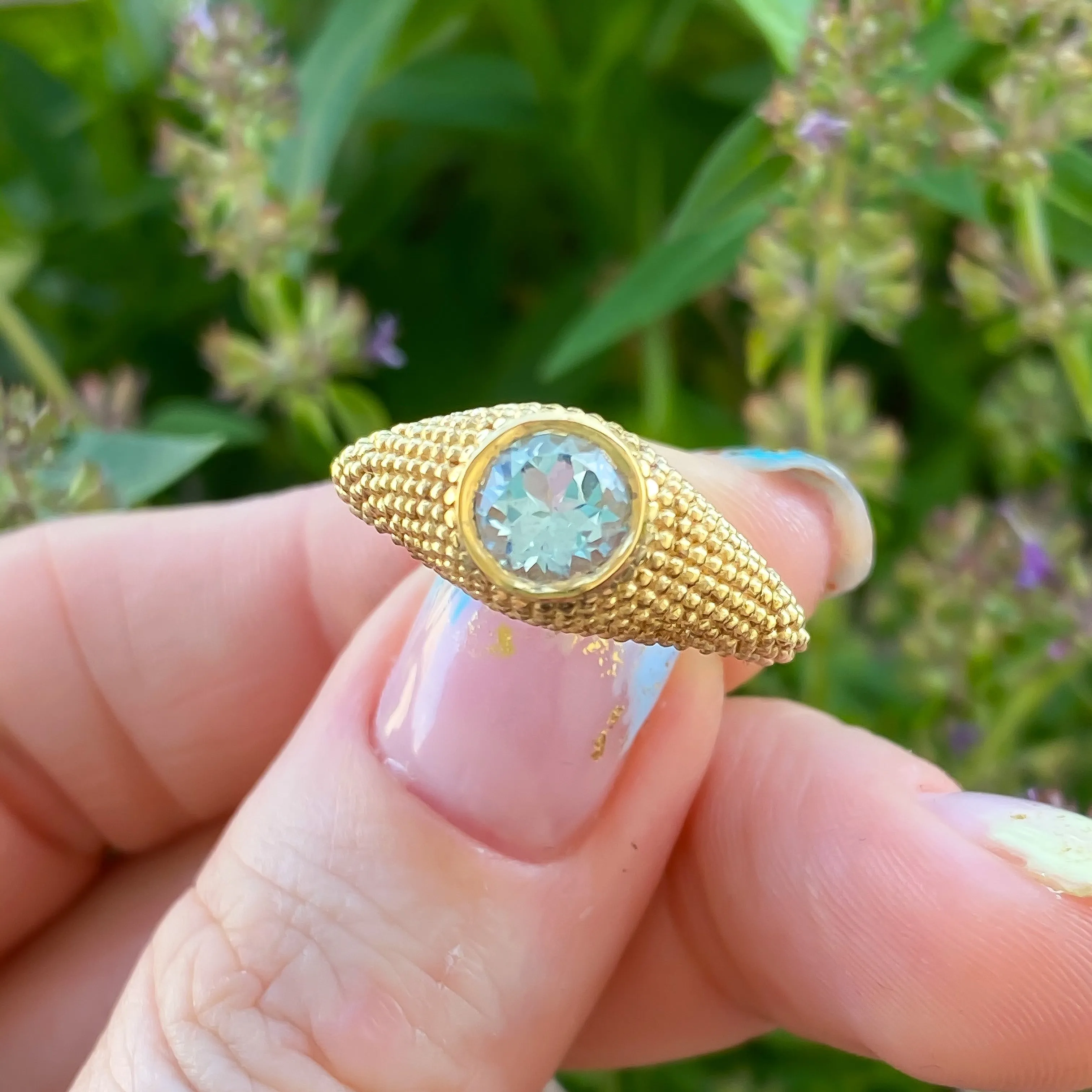 Nubia Round Blue Topaz Yellow Gold Ring Size 7.5US