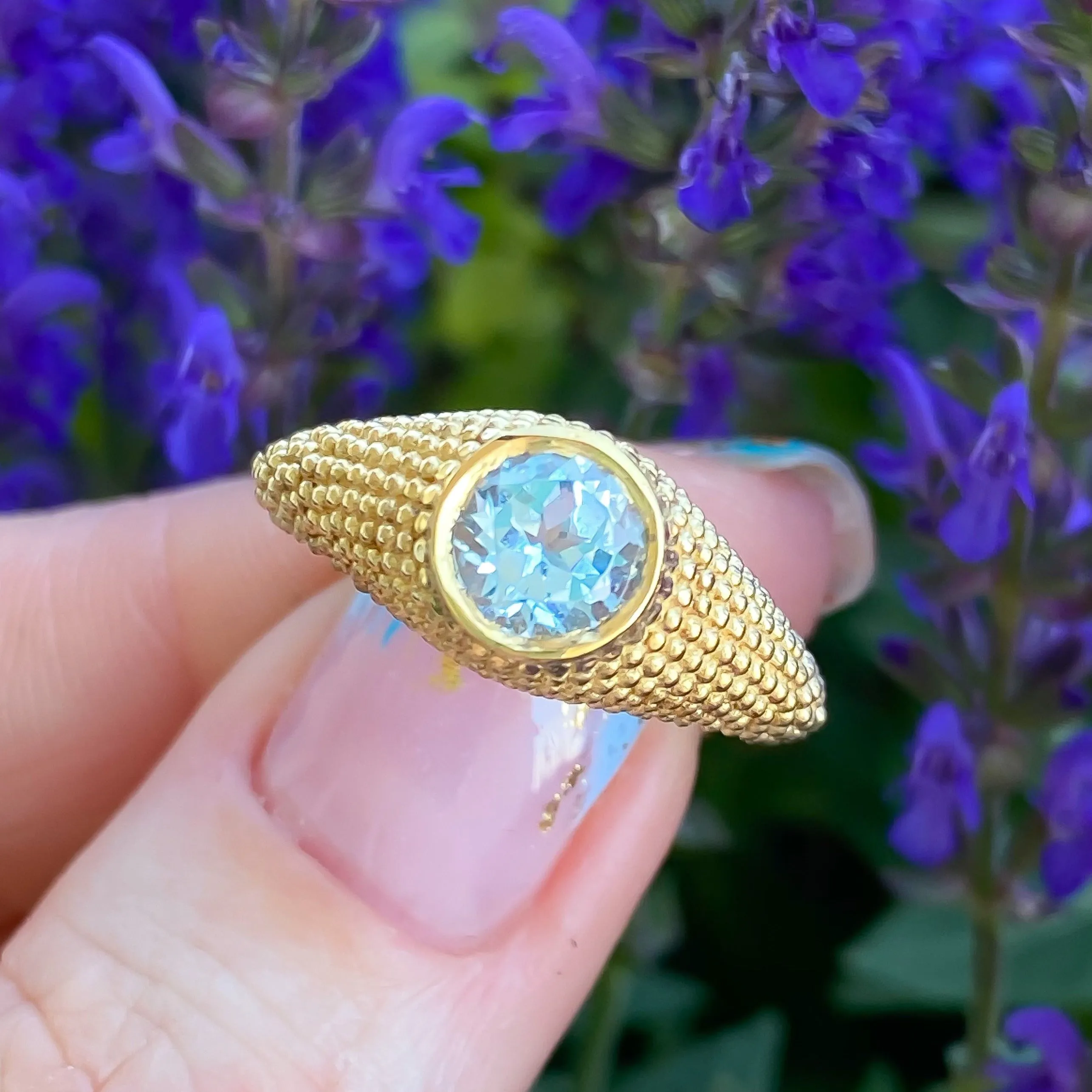 Nubia Round Blue Topaz Yellow Gold Ring Size 7.5US