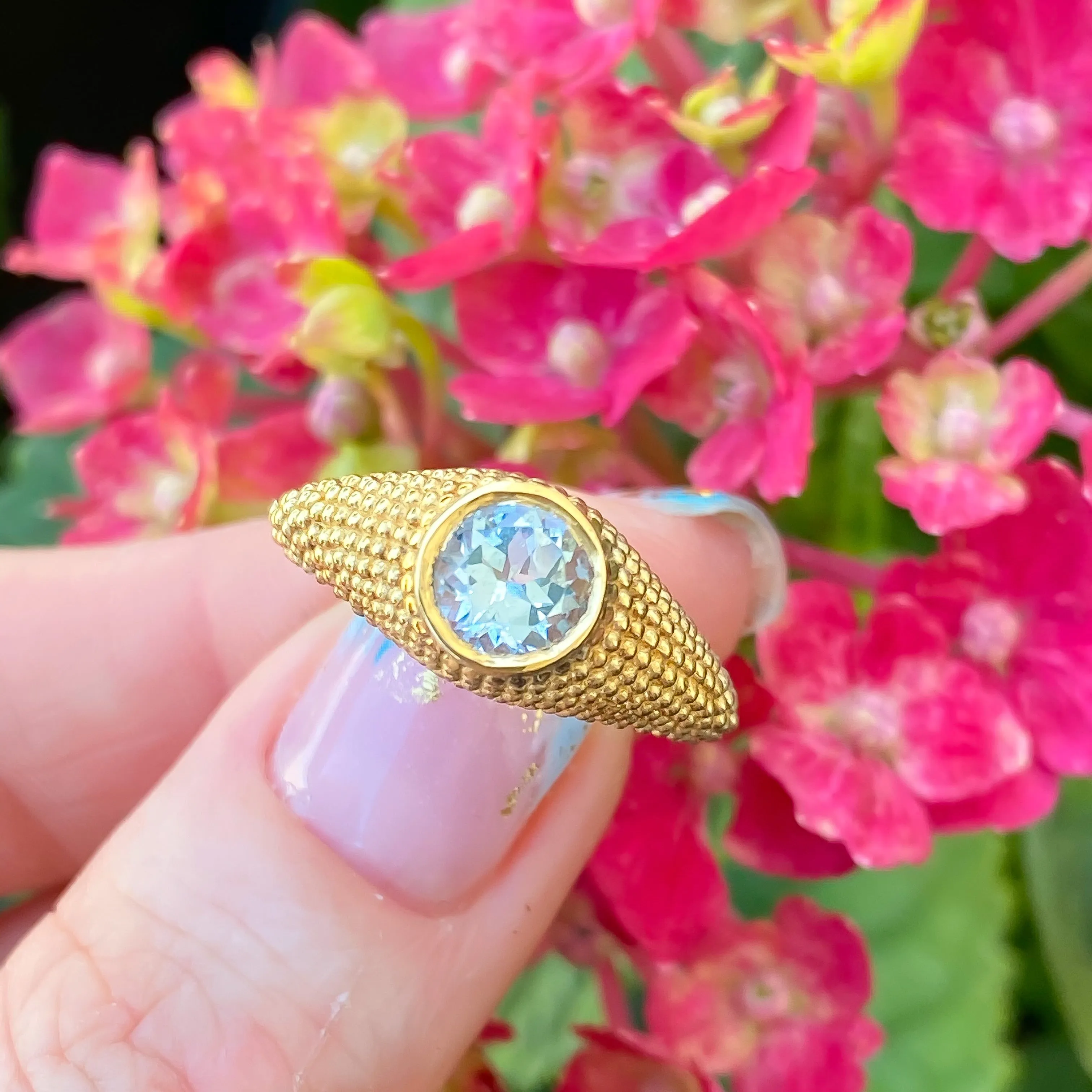 Nubia Round Blue Topaz Yellow Gold Ring Size 7.5US