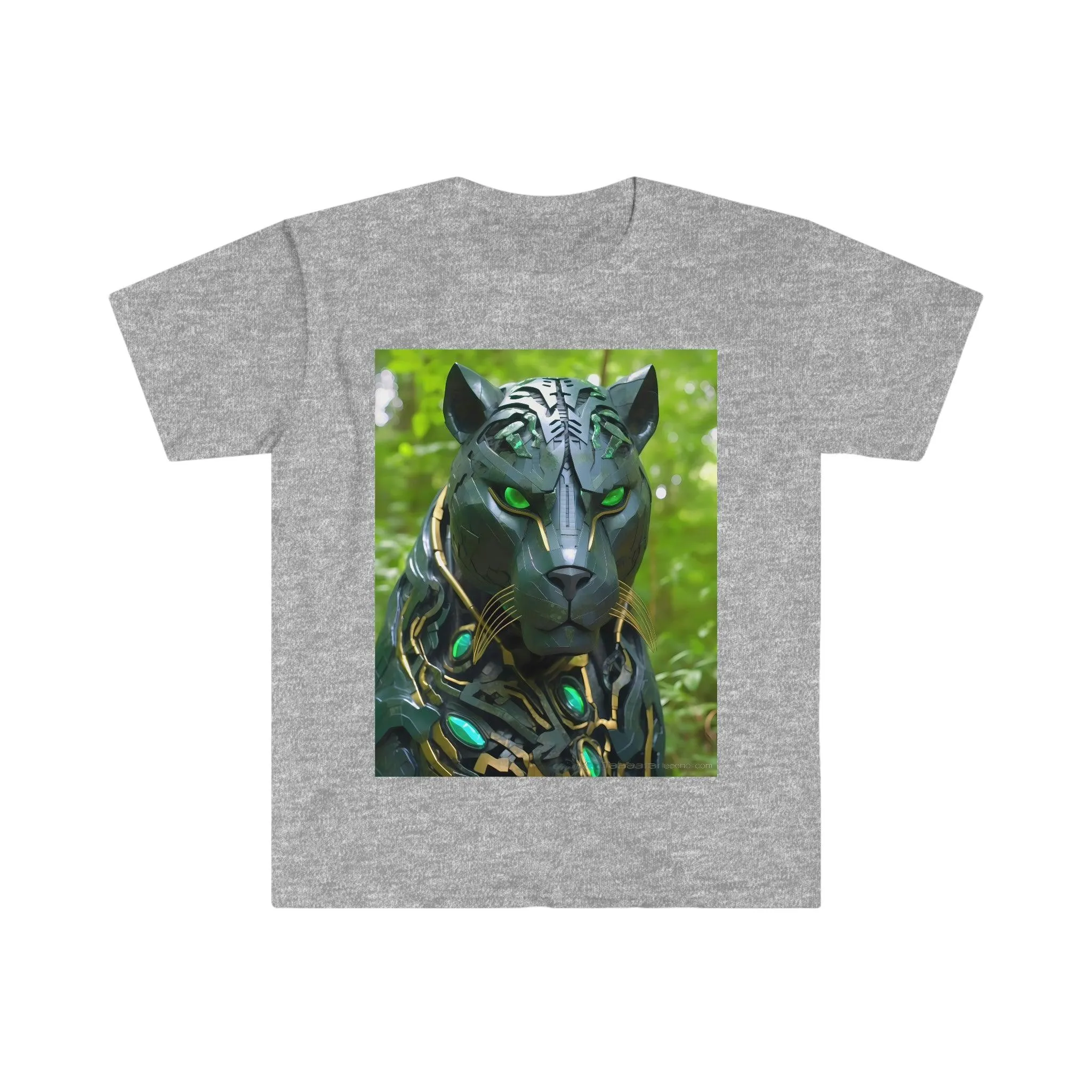 Obsidian Black Panther Visionary Cyberpunk T-Shirt - Fierce and Friendly Design with Piercing Green Eyes - AI Art T-Shirt - Men's and Women's Unisex Shirt - v1.0