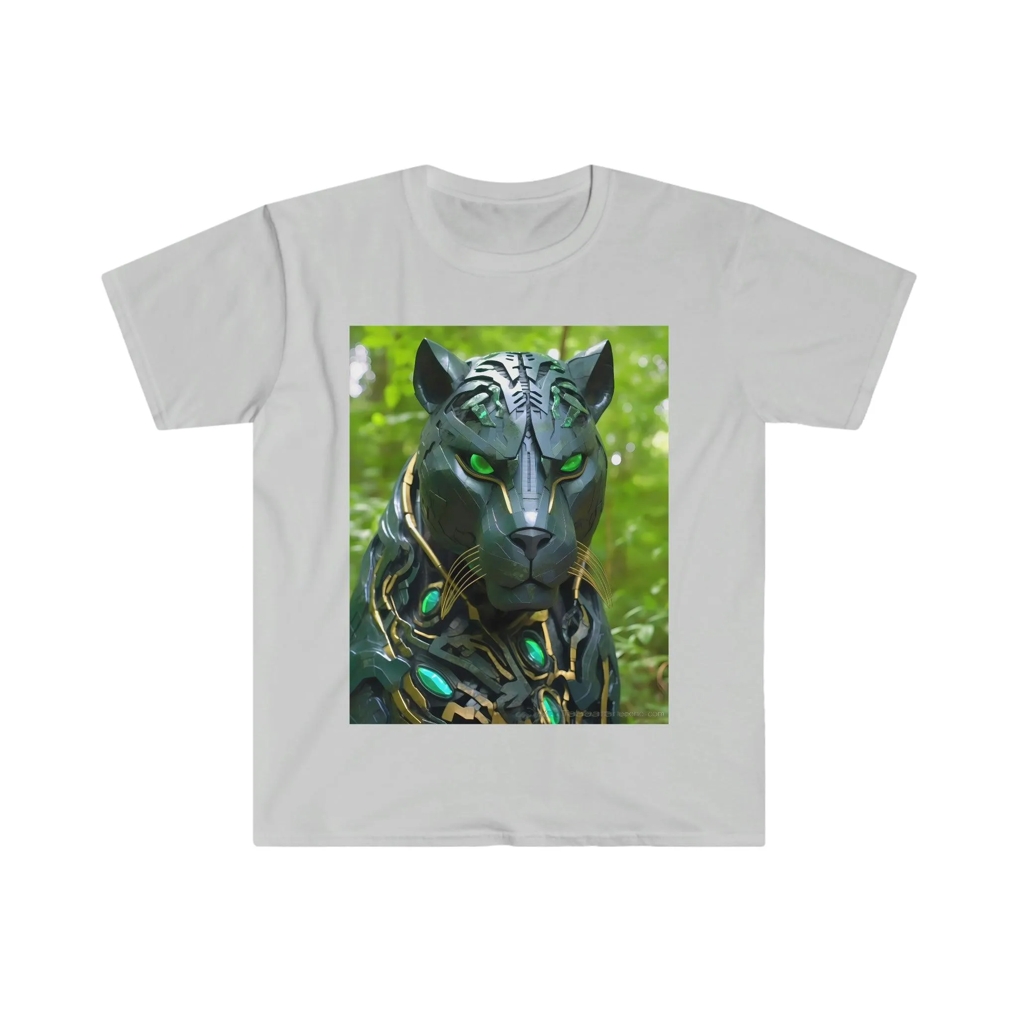 Obsidian Black Panther Visionary Cyberpunk T-Shirt - Fierce and Friendly Design with Piercing Green Eyes - AI Art T-Shirt - Men's and Women's Unisex Shirt - v1.0