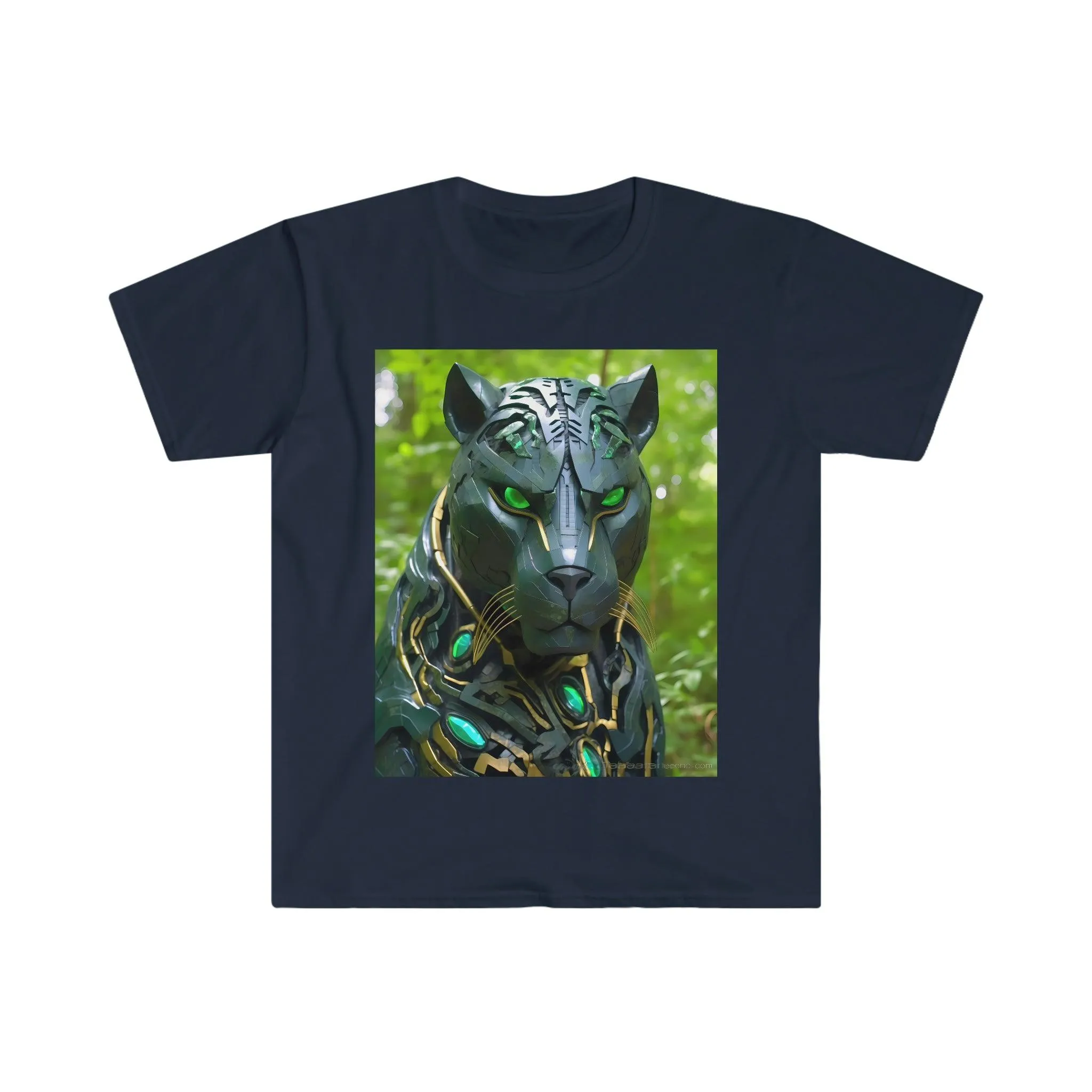 Obsidian Black Panther Visionary Cyberpunk T-Shirt - Fierce and Friendly Design with Piercing Green Eyes - AI Art T-Shirt - Men's and Women's Unisex Shirt - v1.0