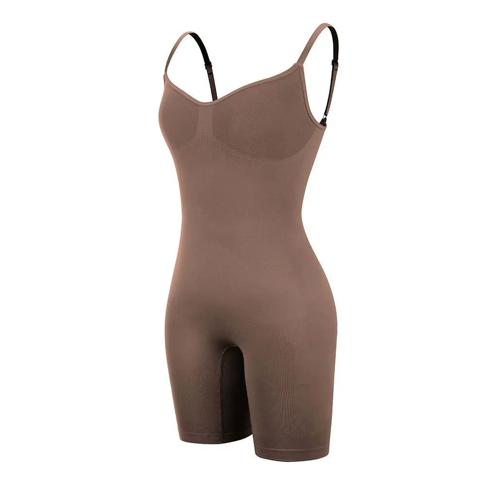 Oleidi Sculpting Bodysuit Mid Thigh W. Open Gusset - Brown