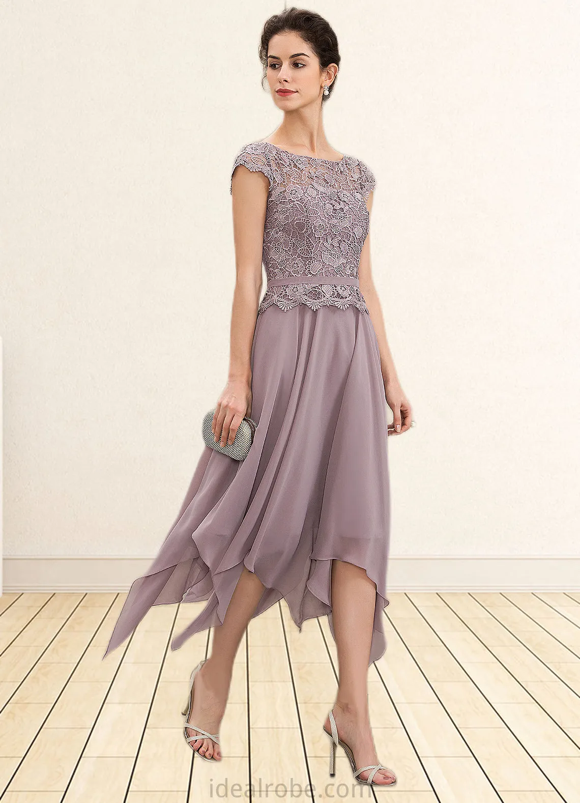 Olivia A-Line Scoop Neck Ankle-Length Chiffon Lace Mother of the Bride Dress With Cascading Ruffles STK126P0014673