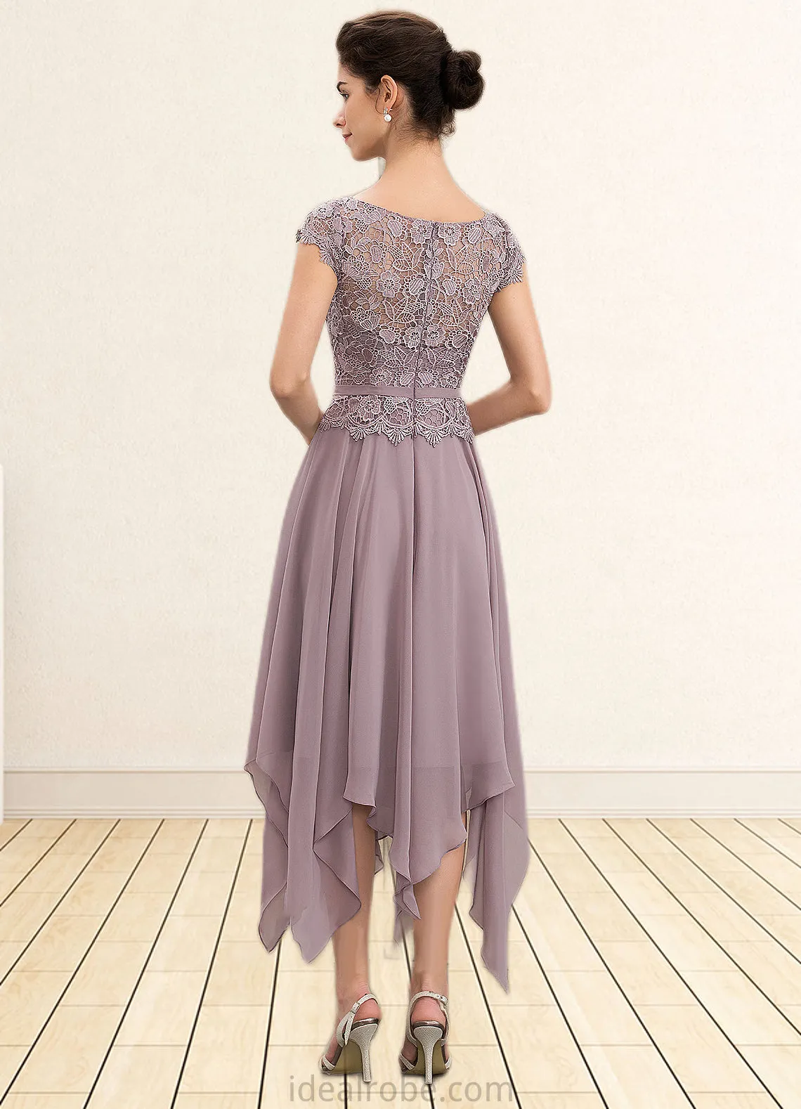 Olivia A-Line Scoop Neck Ankle-Length Chiffon Lace Mother of the Bride Dress With Cascading Ruffles STK126P0014673