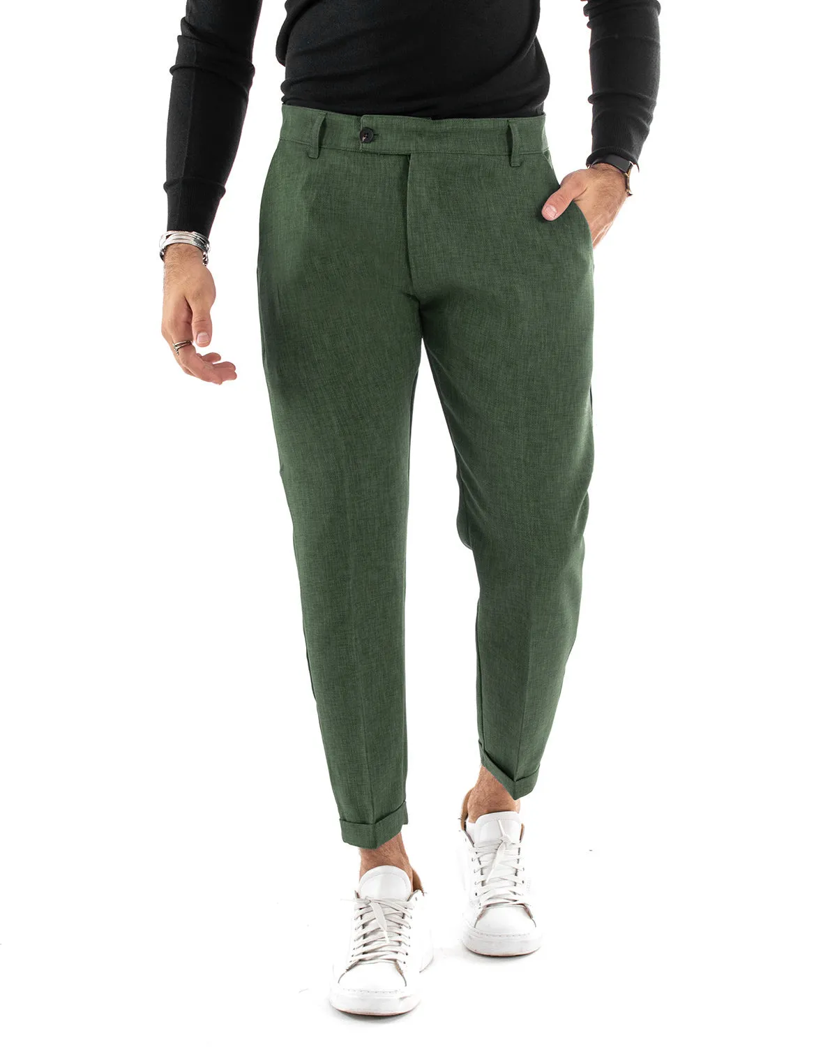 Pantaloni Uomo Tasca America Classico Verde Melangiato Abbottonatura Allungata Casual GIOSAL-P6051A