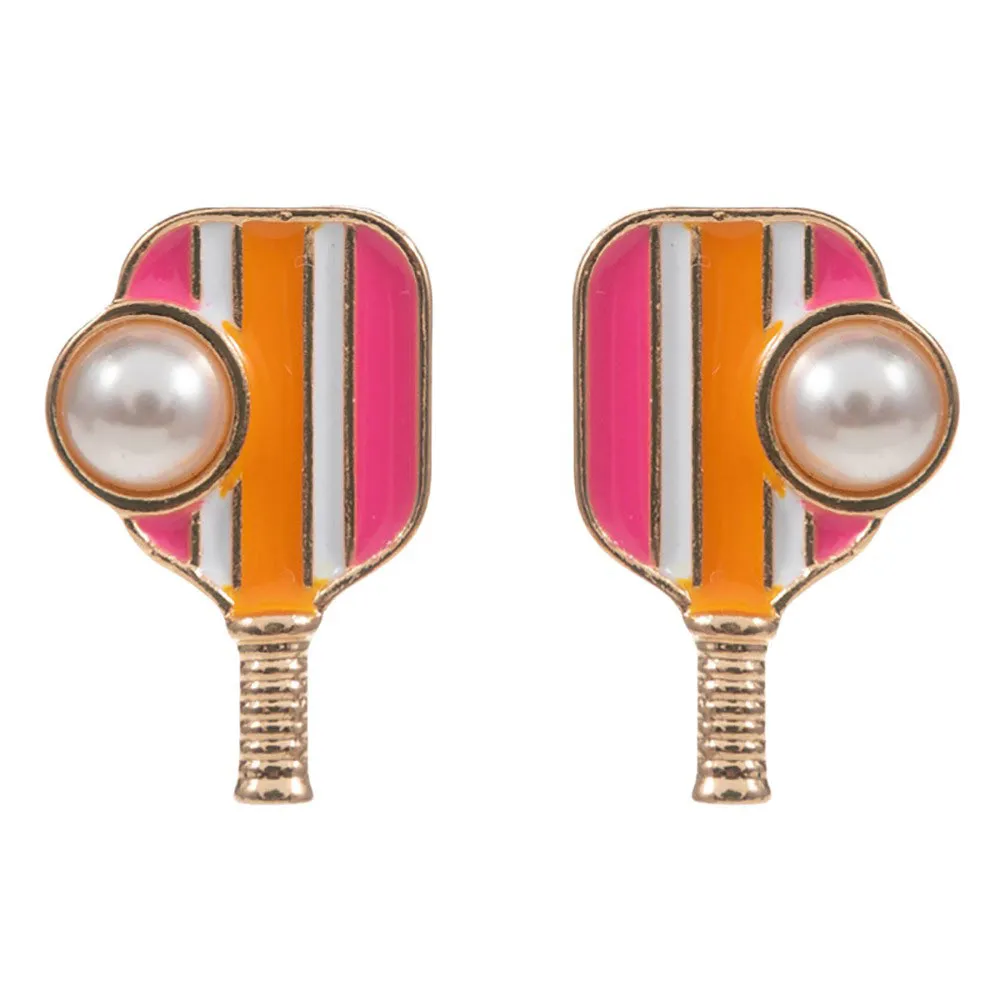 Pearl Pointed Pickleball Racket Stud Earrings