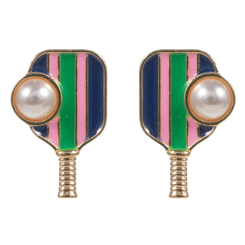 Pearl Pointed Pickleball Racket Stud Earrings