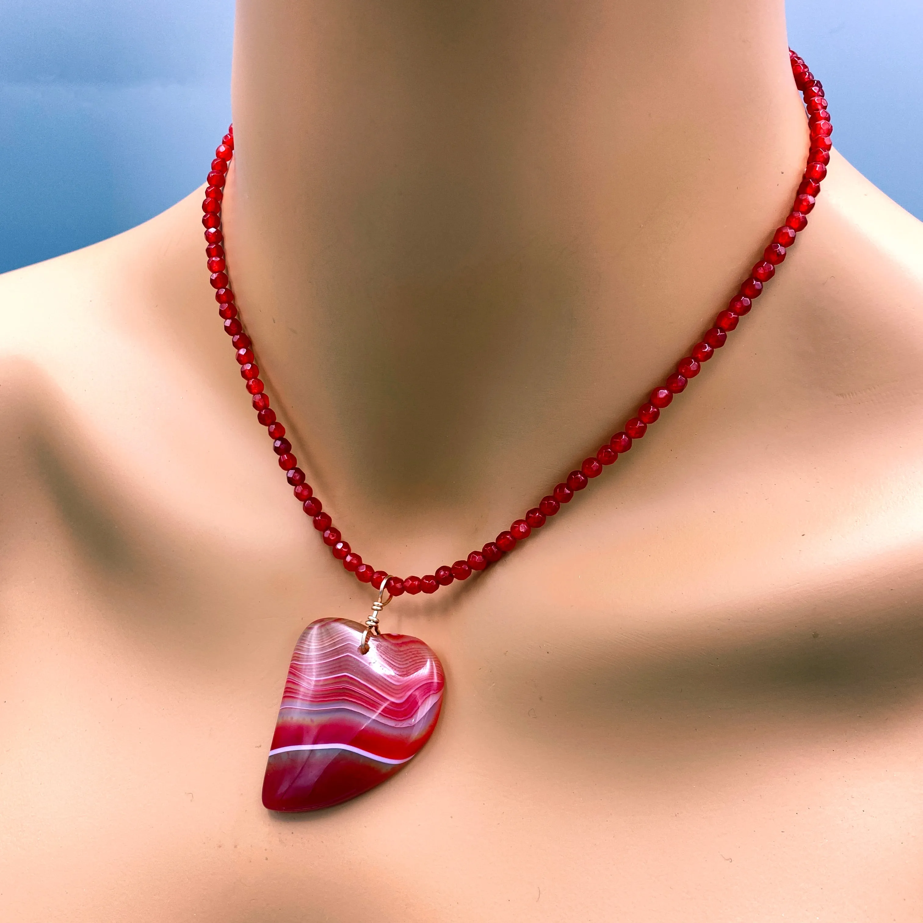 Red Banded Agate Heart Pendant on Beaded Red Agate Necklace with 14 Kt Rose GF Hand Wrap