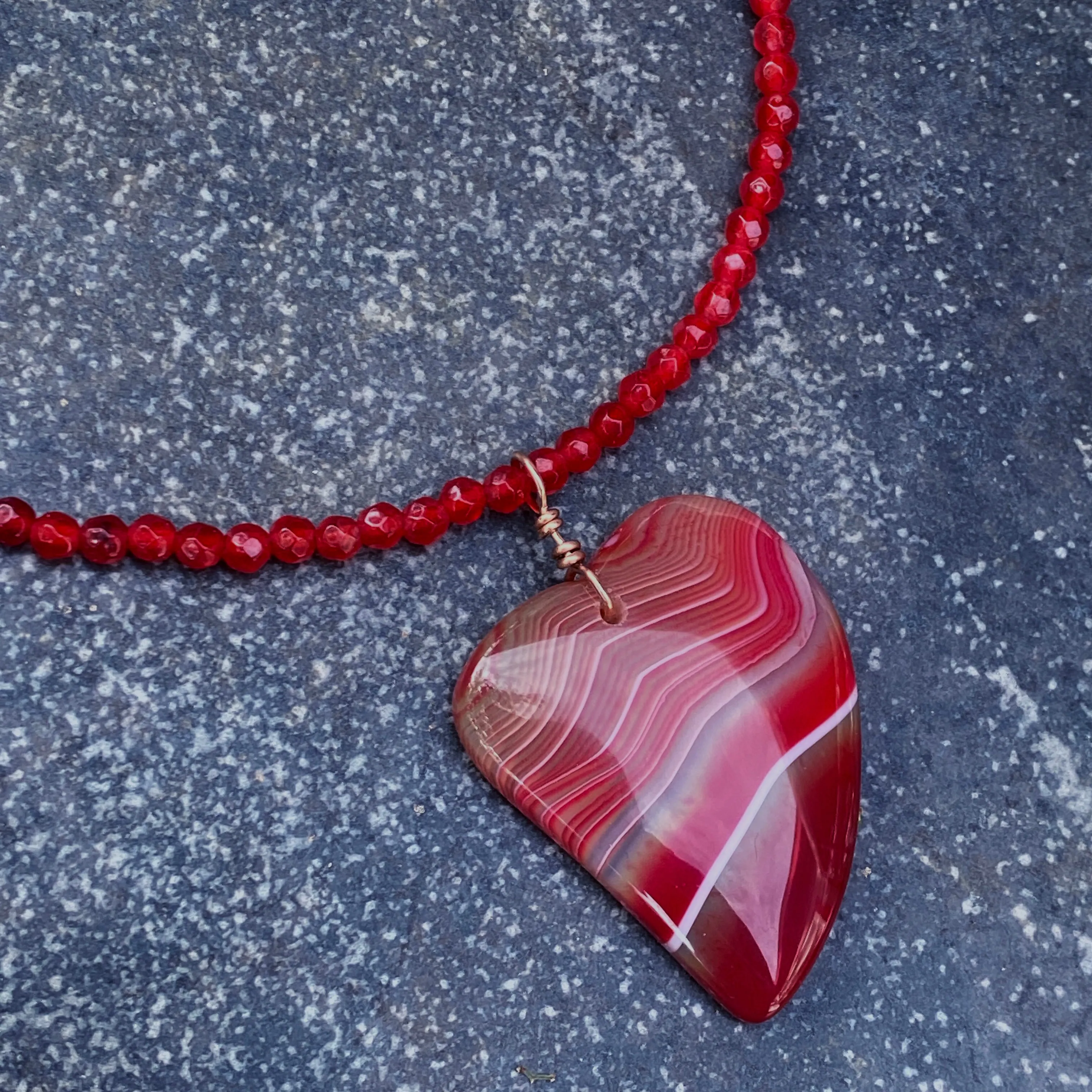 Red Banded Agate Heart Pendant on Beaded Red Agate Necklace with 14 Kt Rose GF Hand Wrap