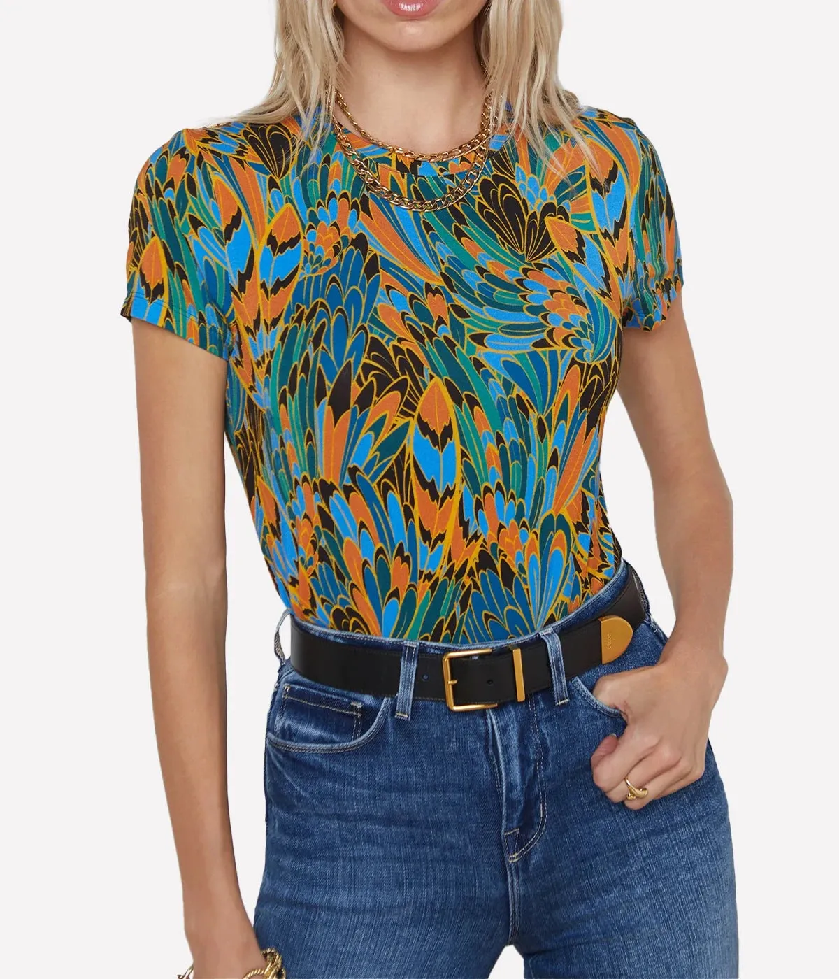 Ressi Short Sleeve Crew in Blue Multi Parrot Feather