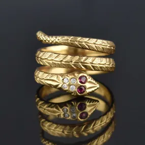 Retro 14K Gold Ruby Diamond Snake Ring