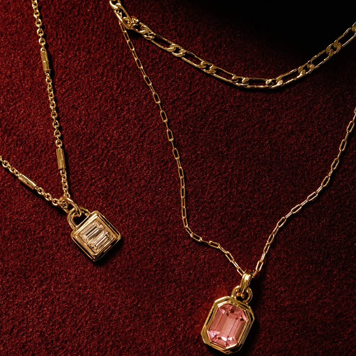 Rose Gem & Figaro Chain Layered Necklace