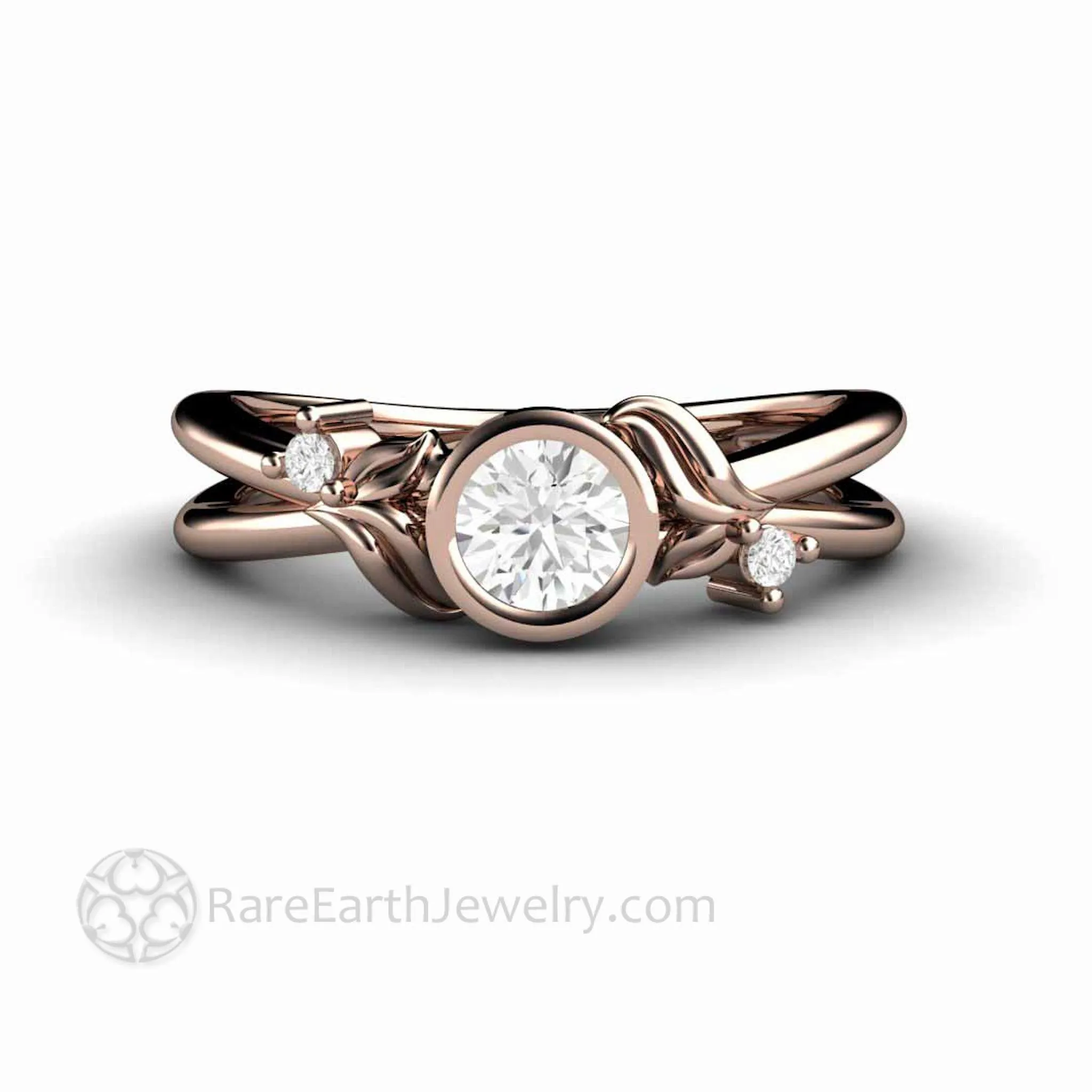 Round Bezel Set Diamond Engagement Ring with Leaf Design