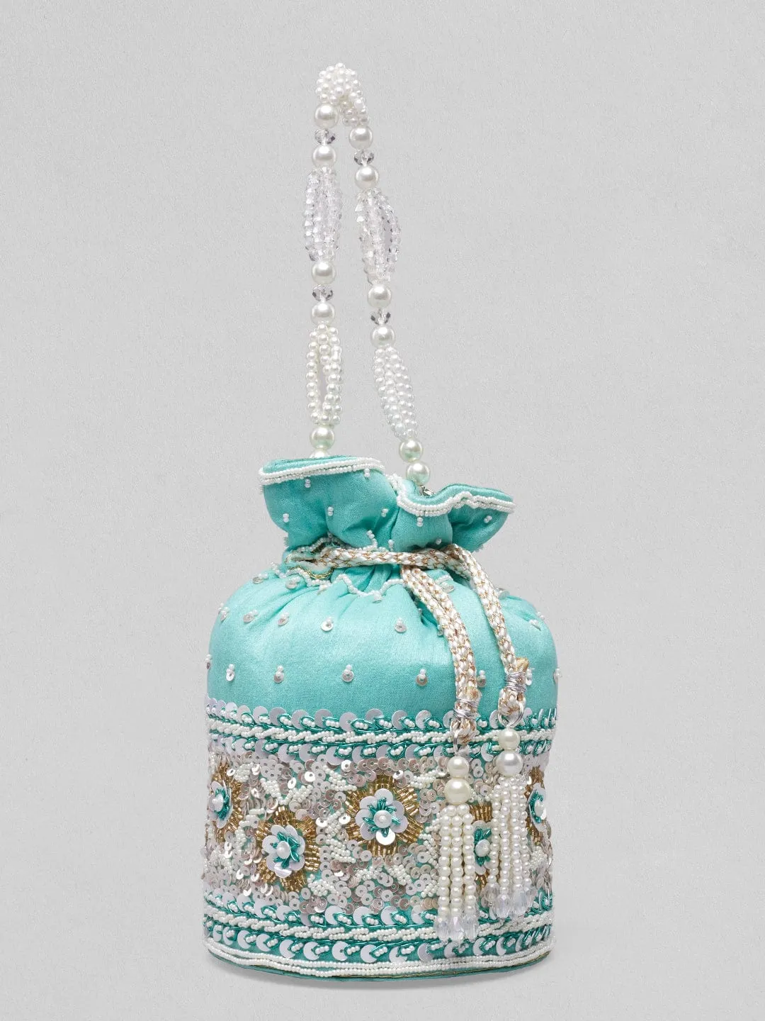 Rubans Mint Coloured Potli Bag With Golden And White Embroided Design.