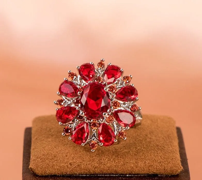 Ruby Flower Shape Gemstone Silver Ring