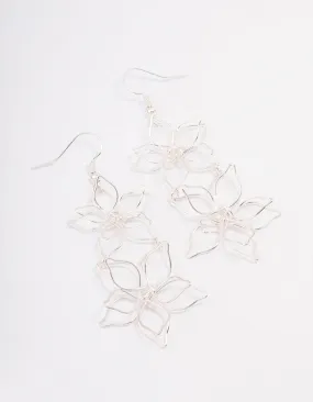 Silver Double Wire Flower Drop Earrings