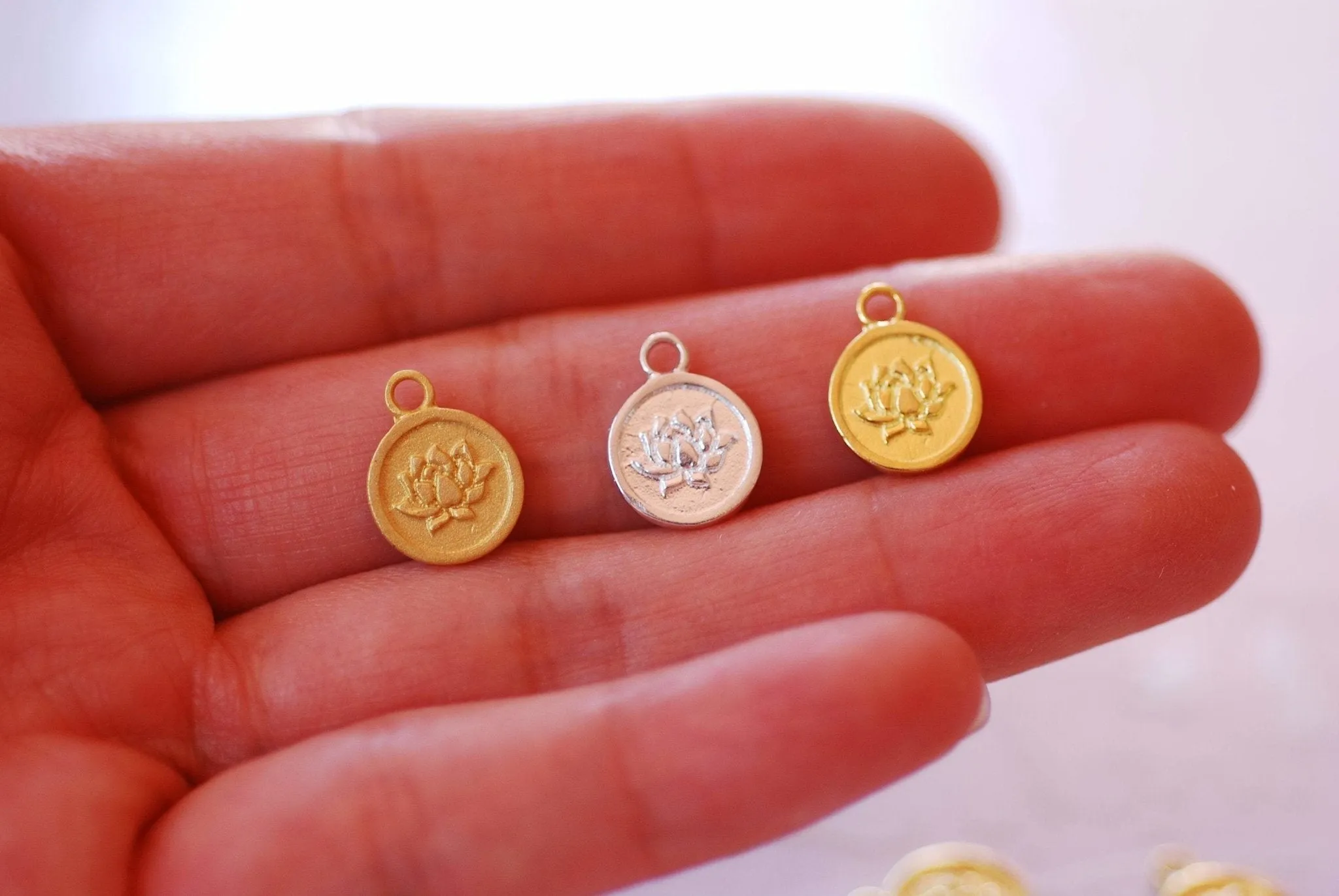 Small Lotus Disc Charm Pendant Vermeil 18k gold plated 925 Sterling Silver Lotus Flower Yoga Zen Buddha Meditation Floral Round Disc A114