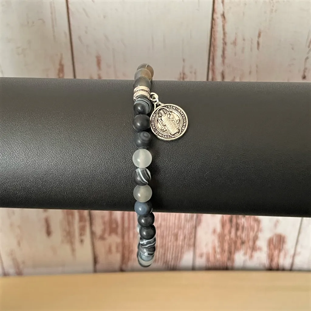 St. Benedict Medal on Black and Smoky Agate Mens Bracelet