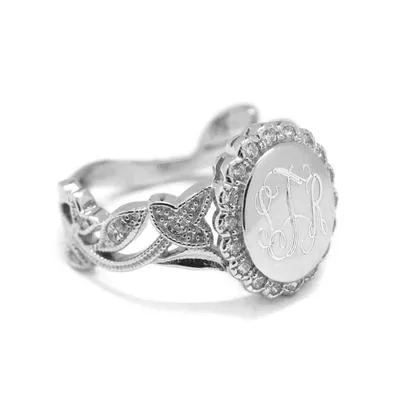 Sterling Silver Decorative Flower Engraved CZ Ring