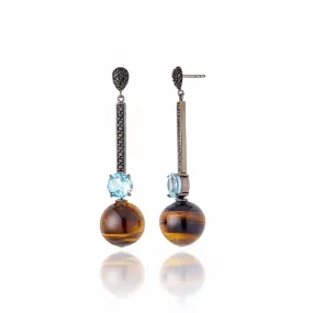 Sterling Silver Statement Earrings With Black Spinel, Blue Topaz & Tiger Beads