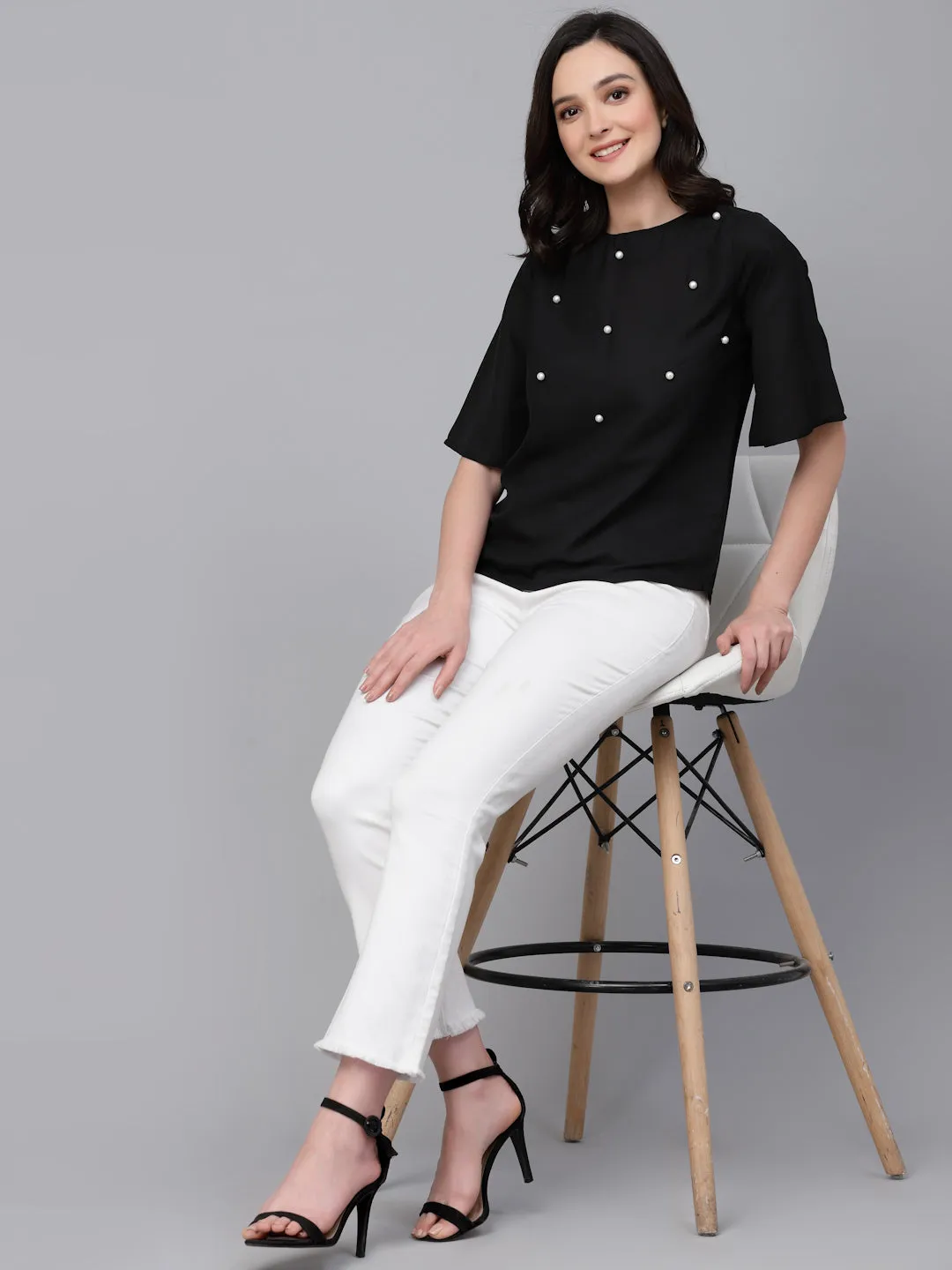 Style Quotient Women Black Polyester Regular Smart Casual Top