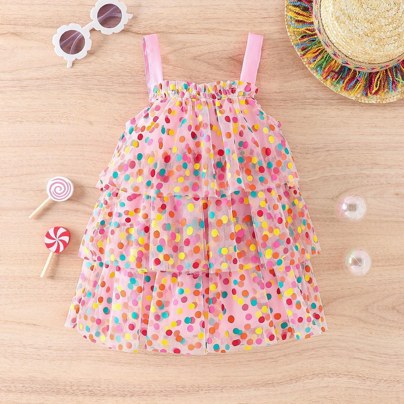 Summer Girls' Rainbow Polka Dot Gauze Sling Cake Skirt Girls' Dress