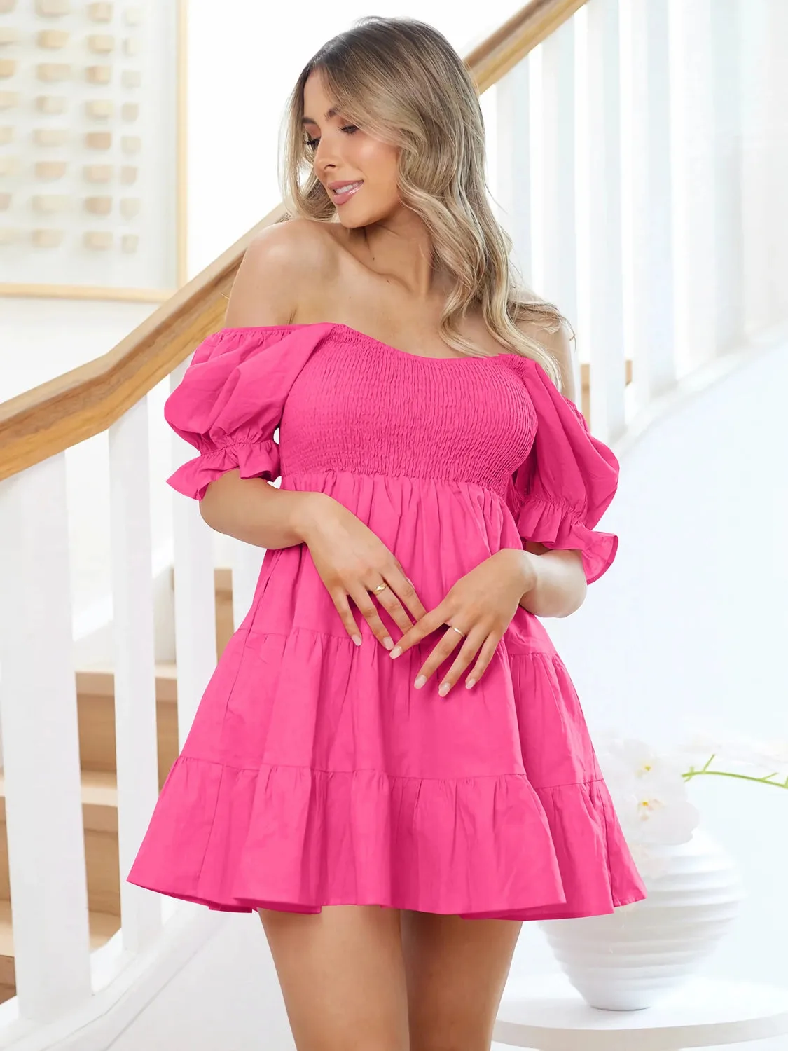 Sunset and Swim  Smocked Flounce Sleeve Mini Dress