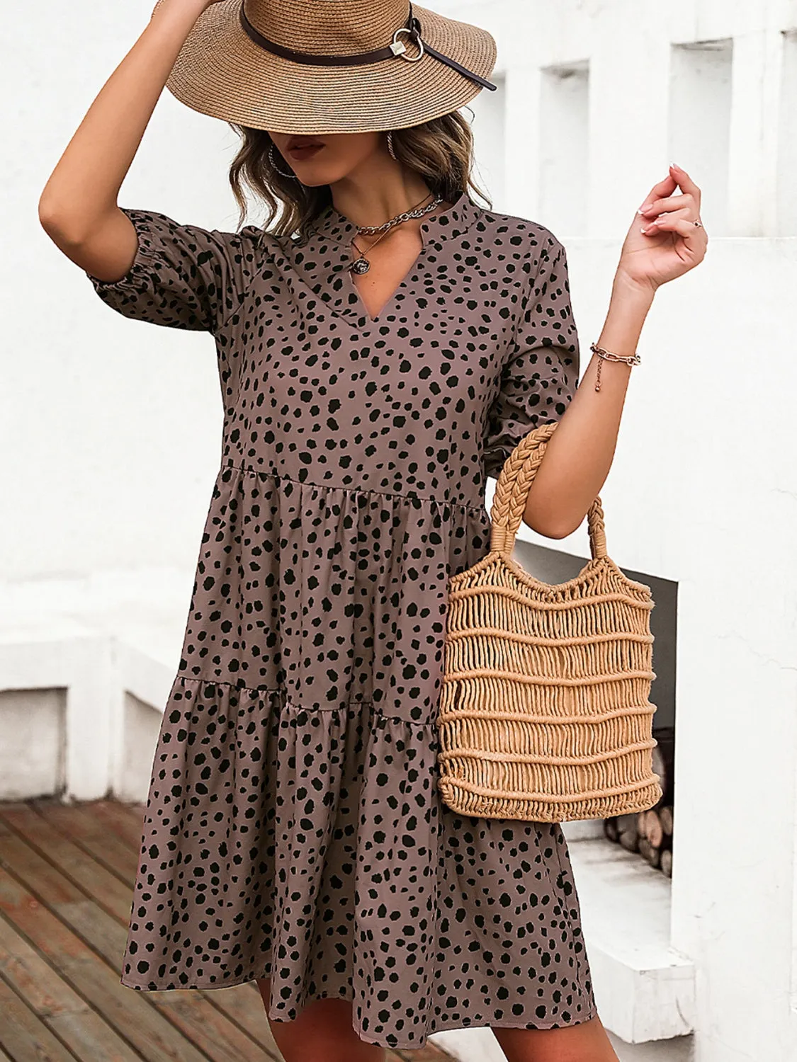 Sunset Vacation Printed Notched Half Sleeve Dress