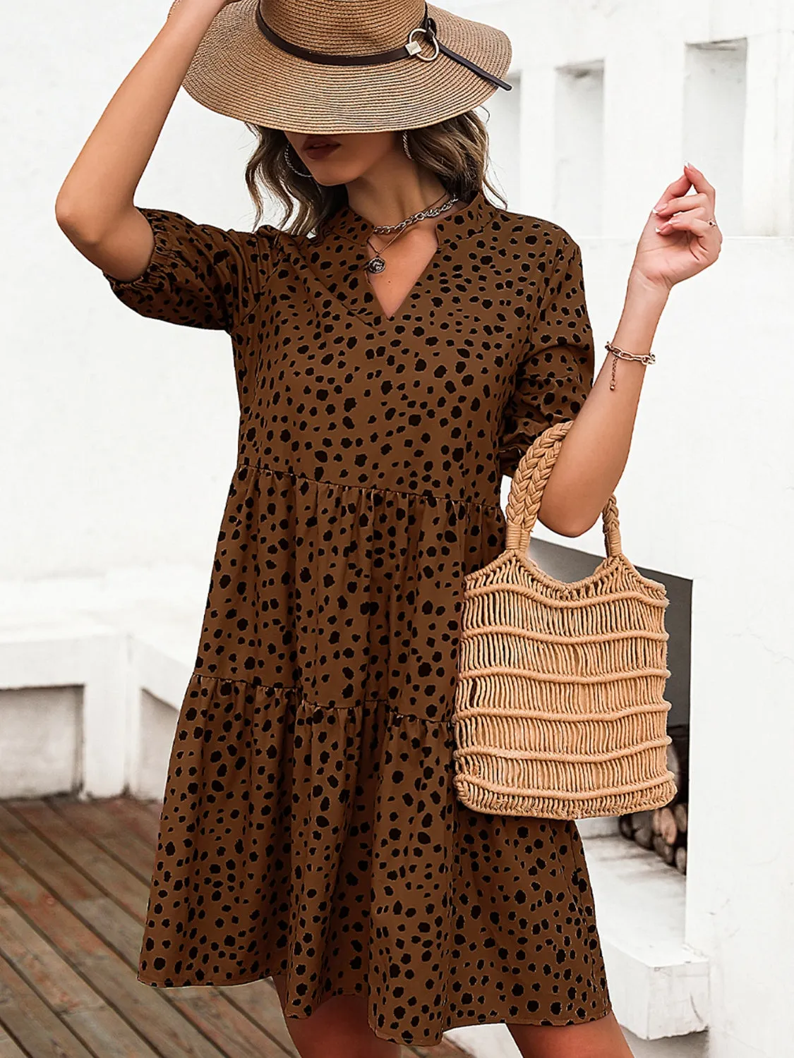 Sunset Vacation Printed Notched Half Sleeve Dress