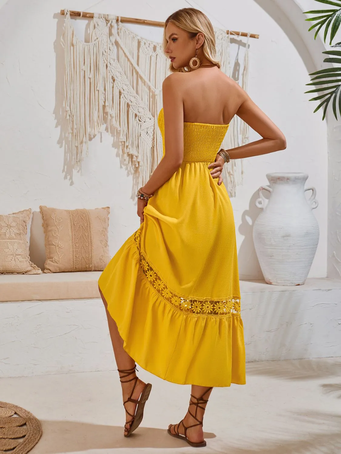 Sunset Vacation Smocked Frill Tube Midi Dress